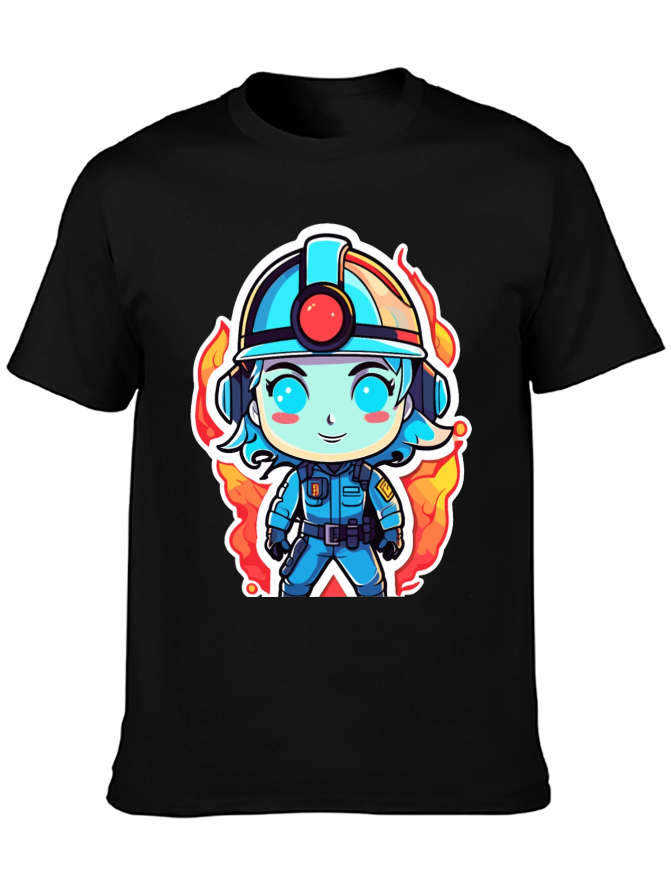 Cartoon Firefighter T-Shirt - Black Cotton Tee