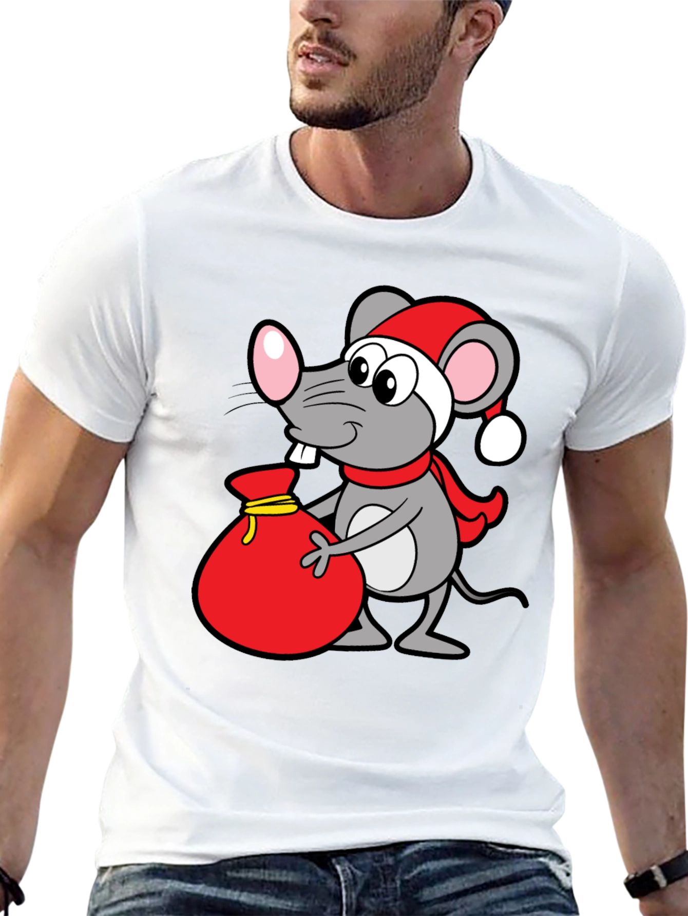 Christmas Mouse Santa Sack Black T-Shirt