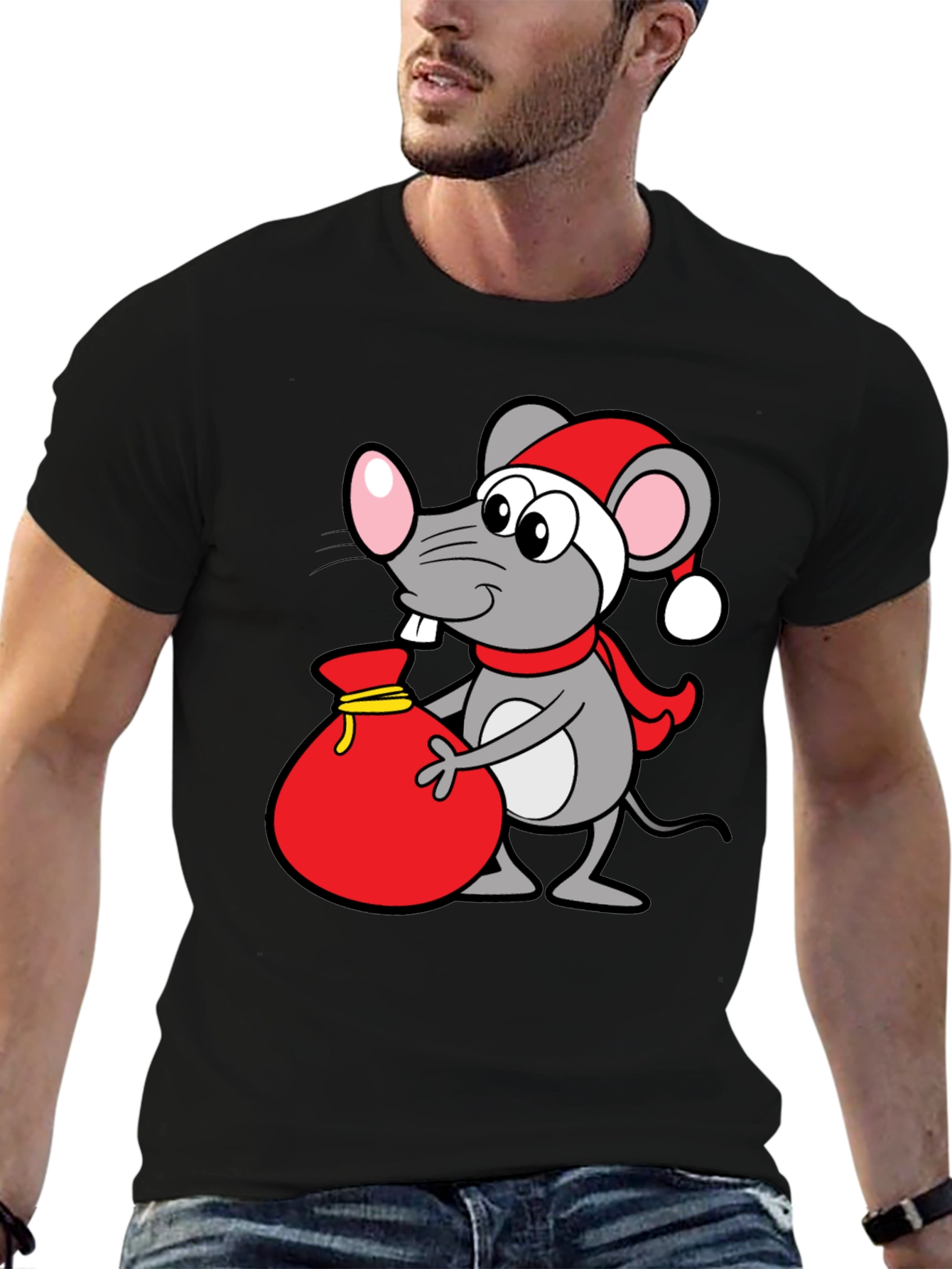 Christmas Mouse Santa Sack Black T-Shirt