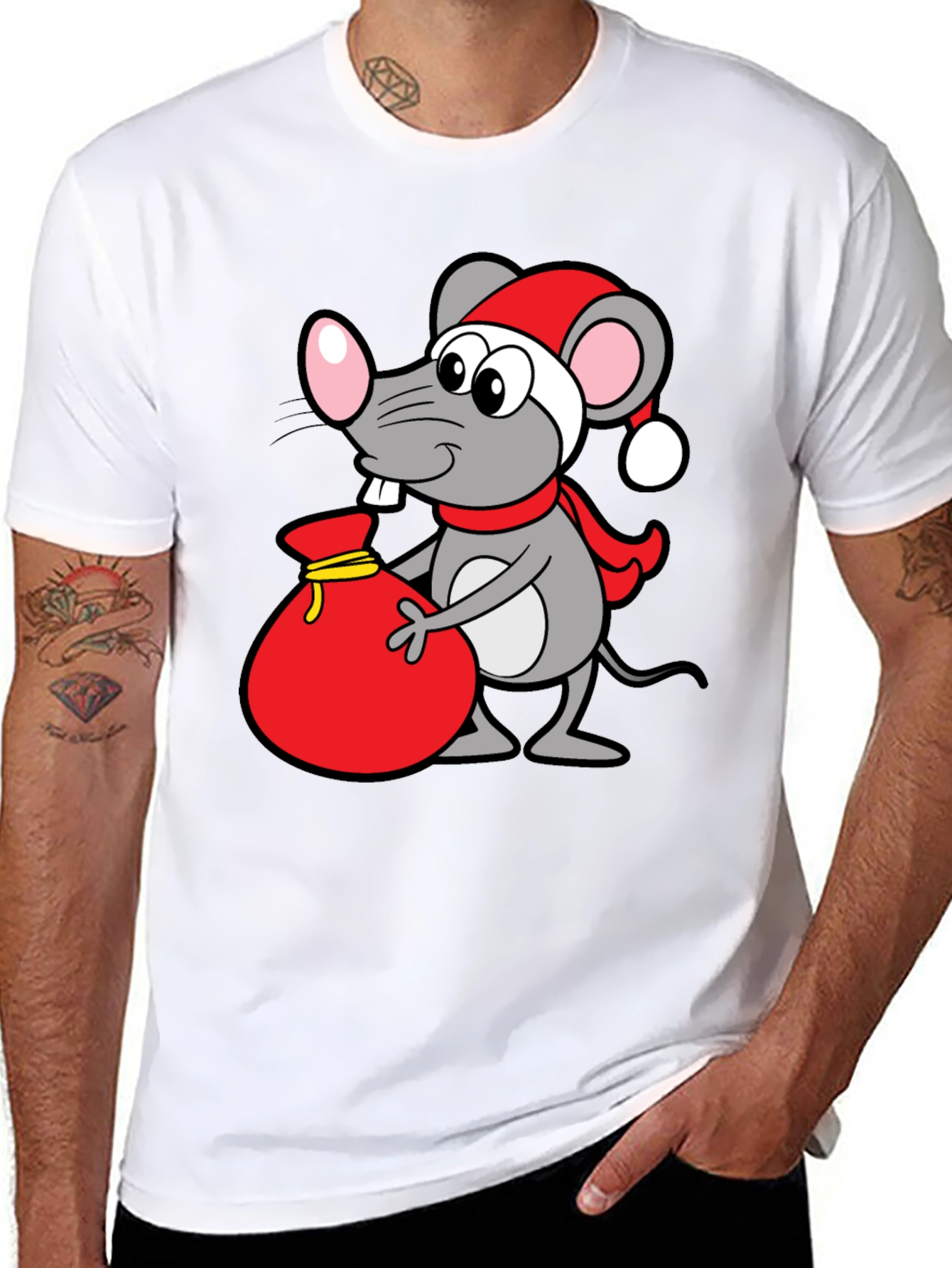 Christmas Mouse Santa Sack Black T-Shirt