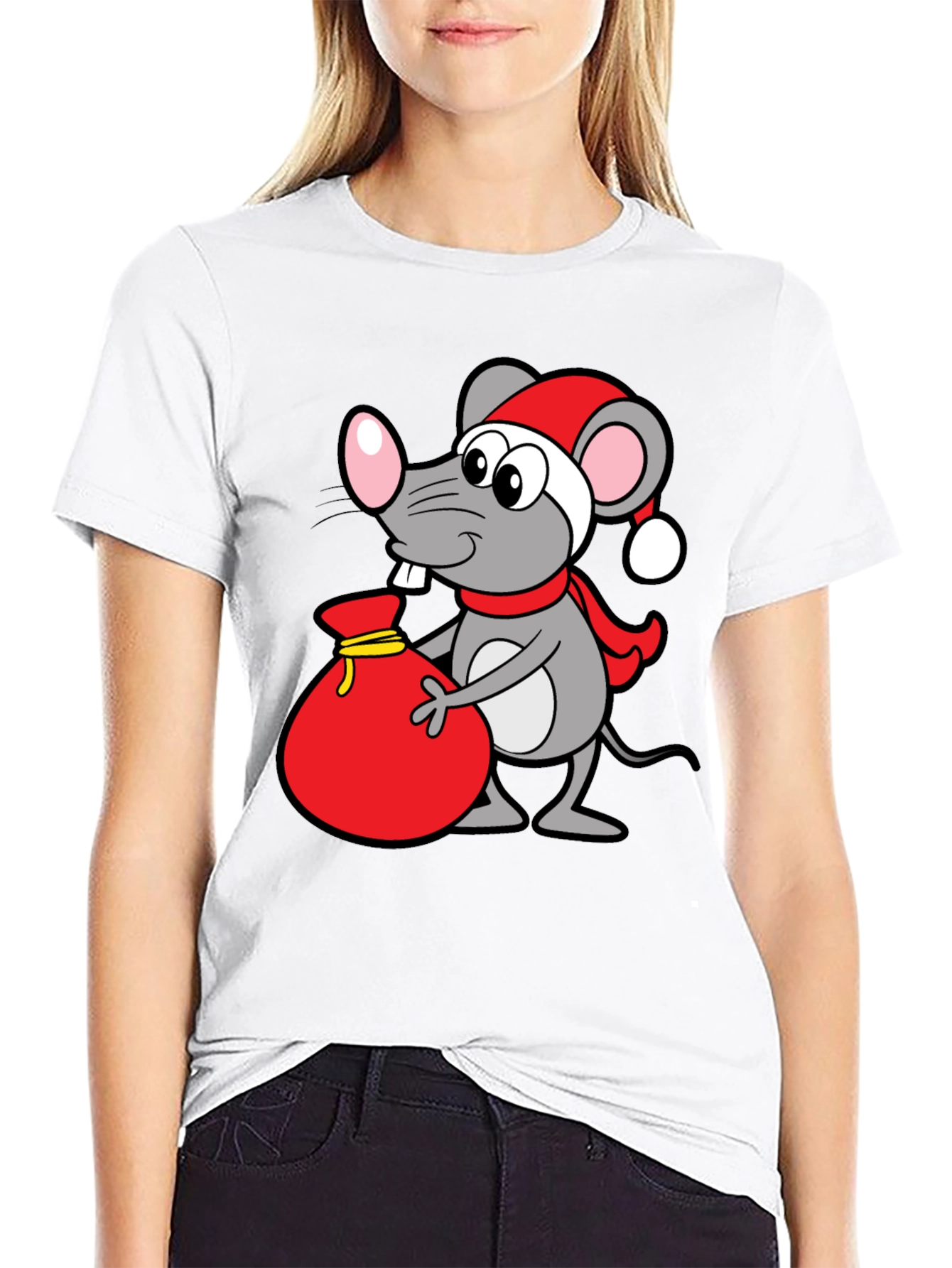 Christmas Mouse Santa Sack Black T-Shirt