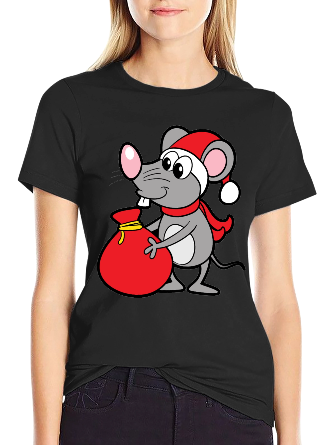 Christmas Mouse Santa Sack Black T-Shirt
