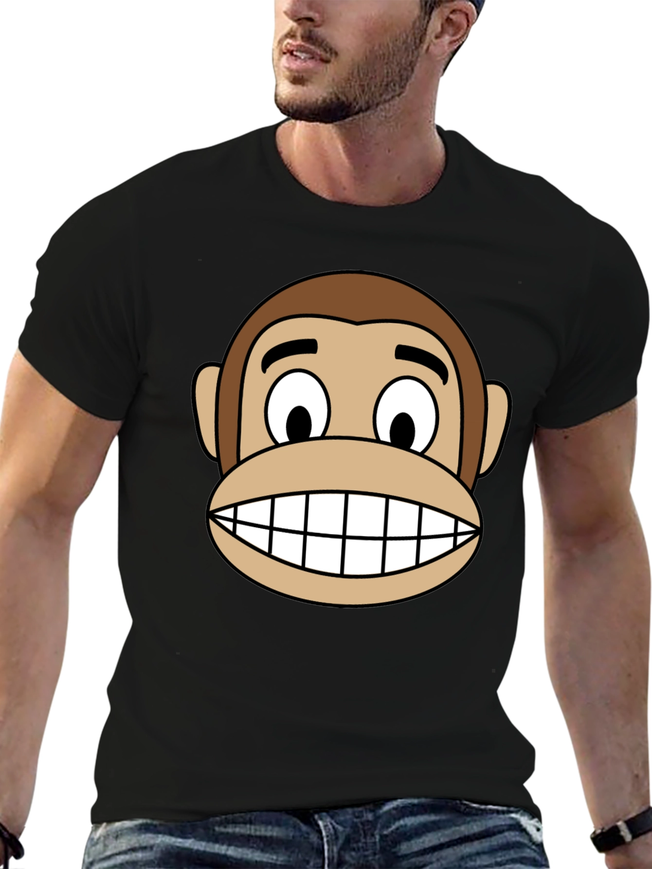 Funny Monkey Face Graphic Tee - Black Cotton T-Shirt