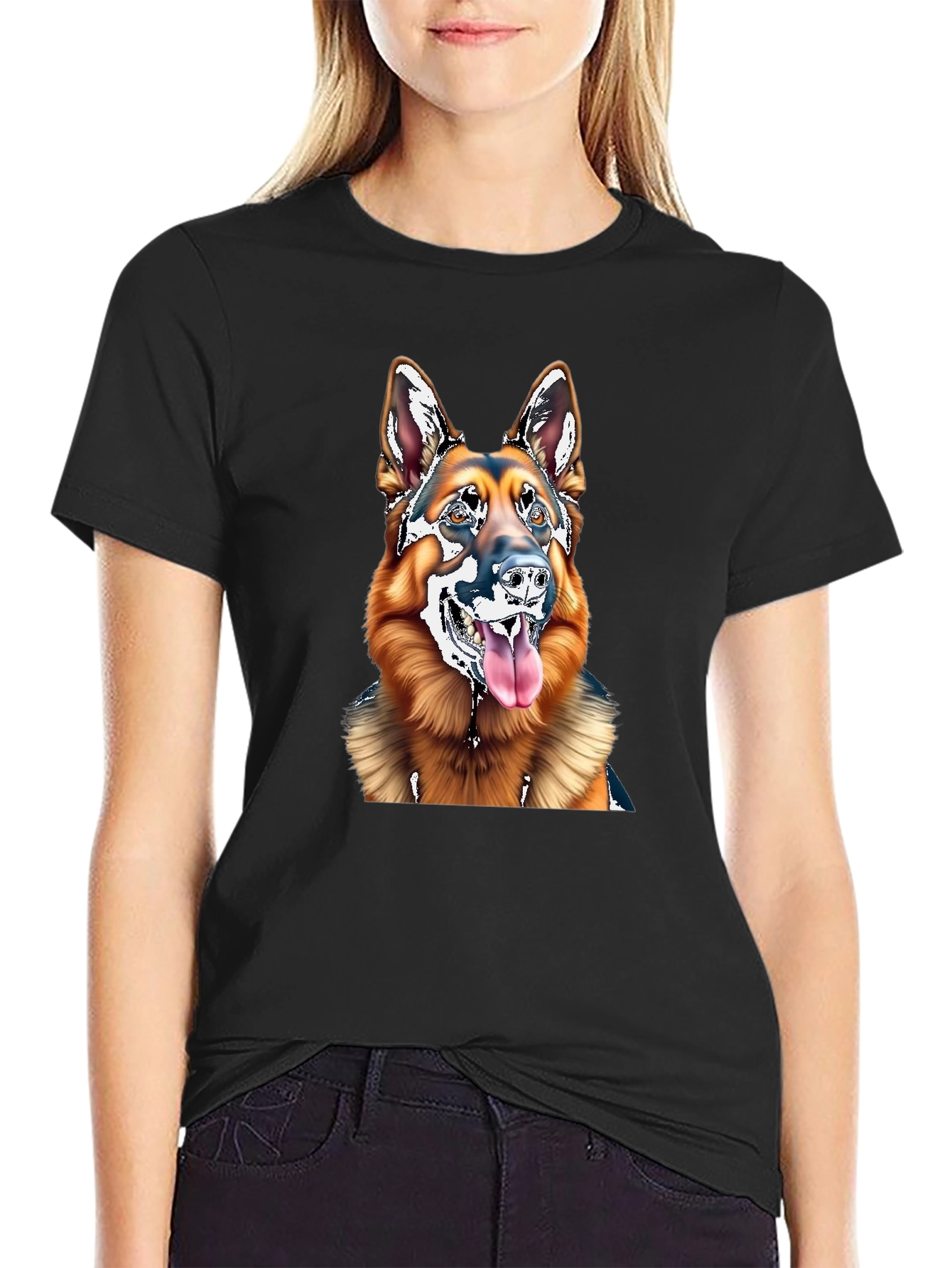 German Shepherd Dog Graphic Tee - Black Cotton Blend