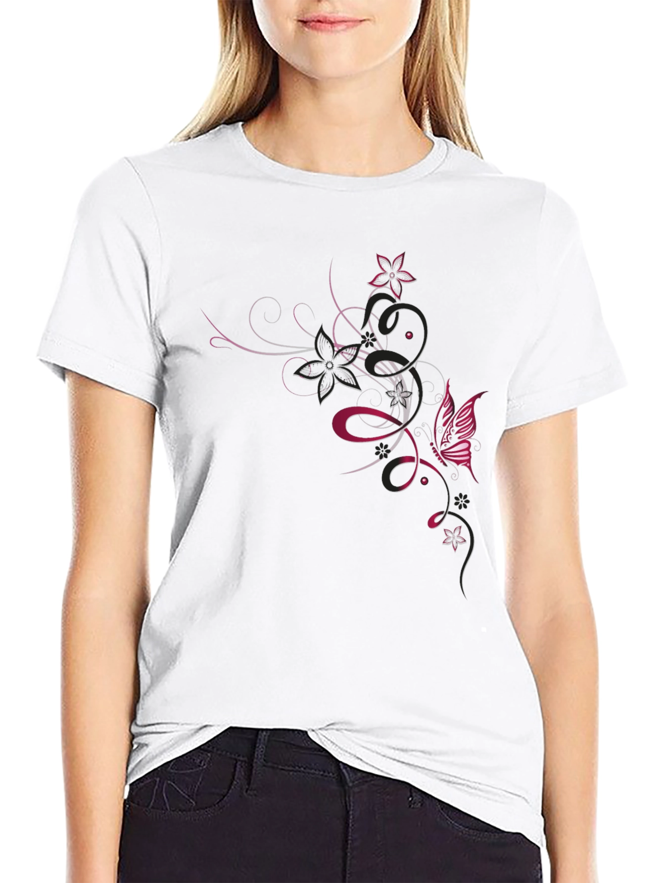 Black T-Shirt with Floral Butterfly Design