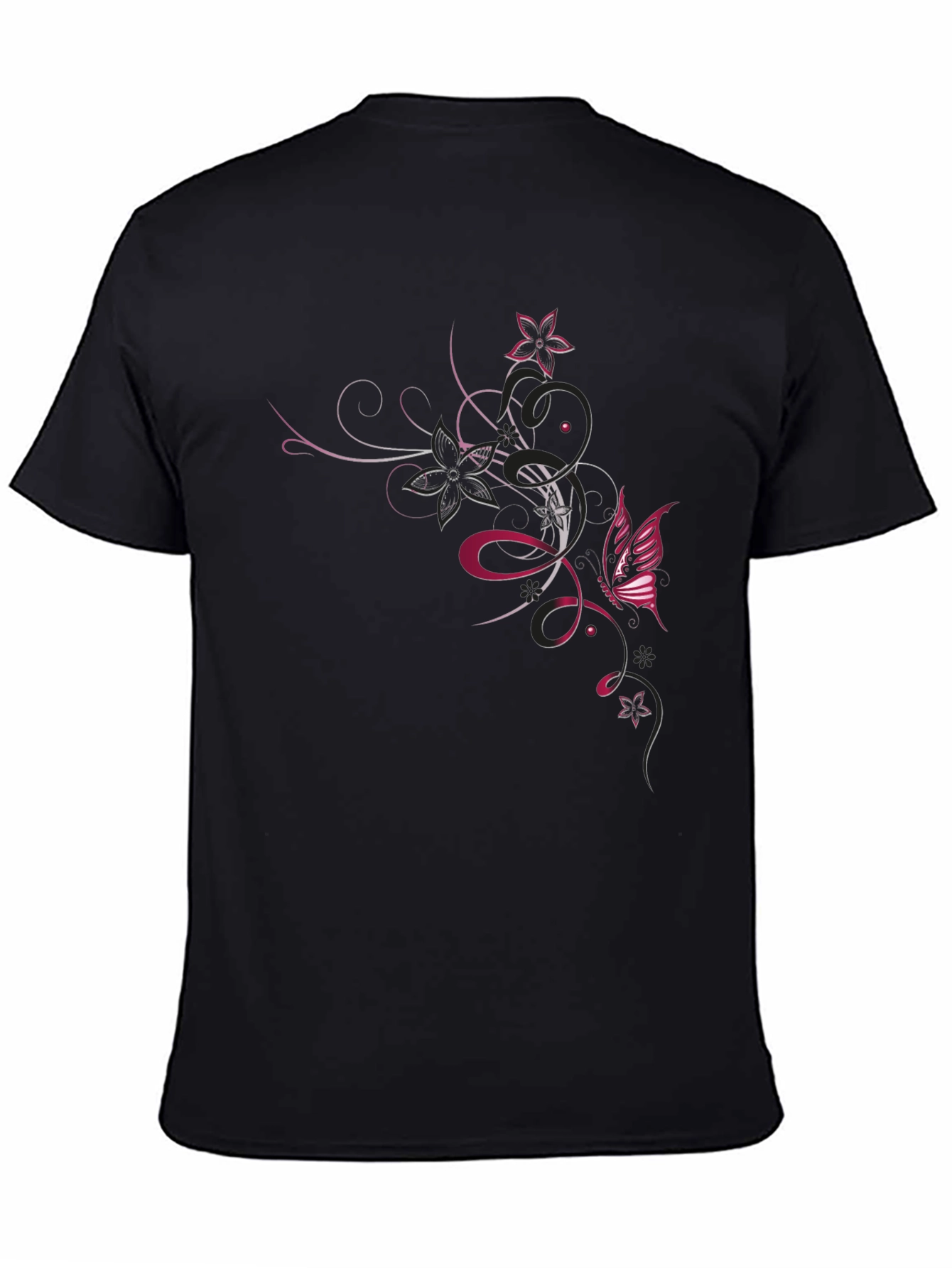 Black T-Shirt with Floral Butterfly Design