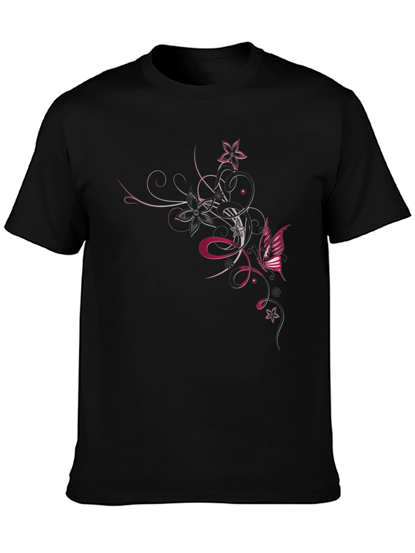 Black T-Shirt with Floral Butterfly Design
