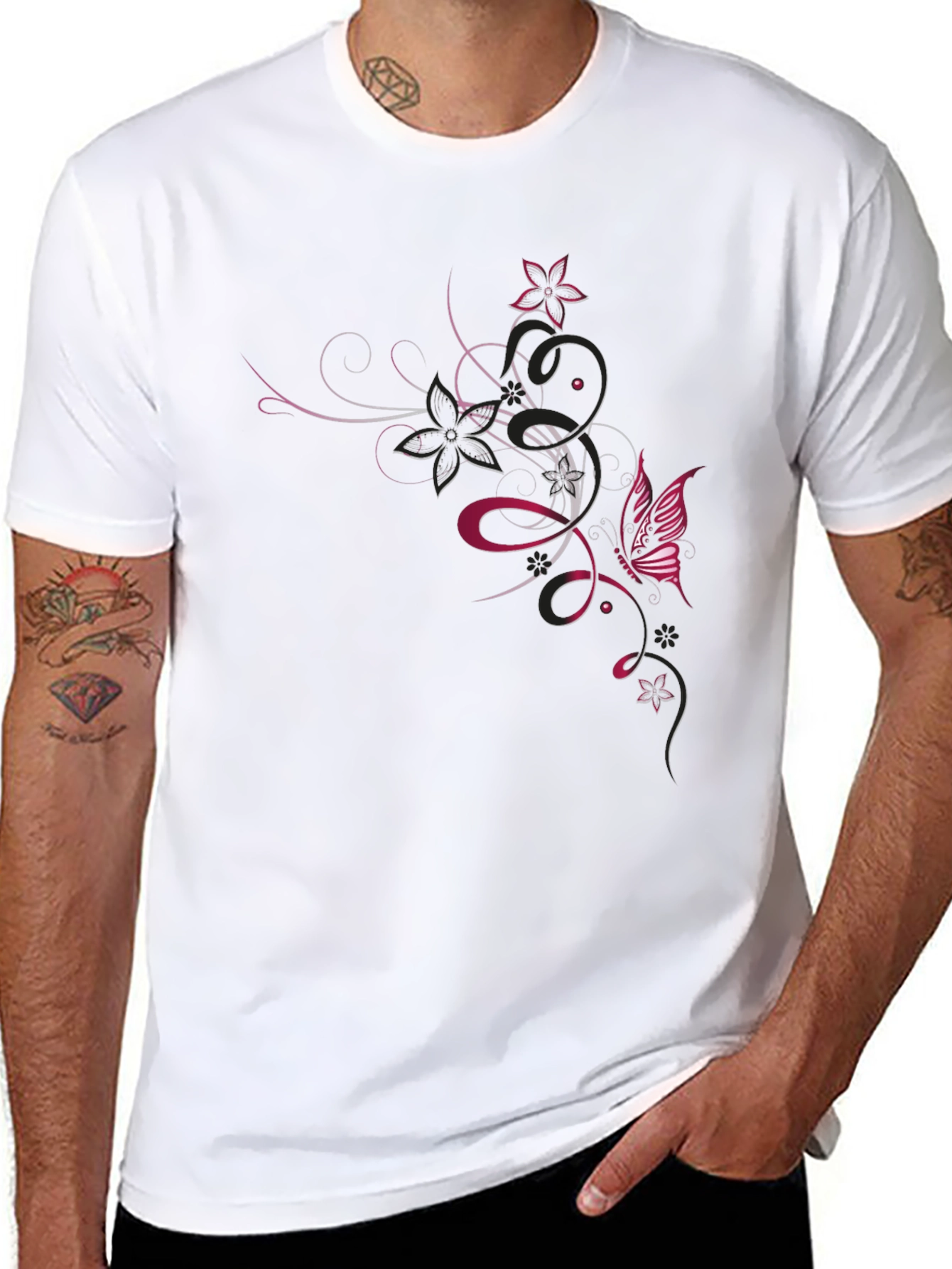 Black T-Shirt with Floral Butterfly Design