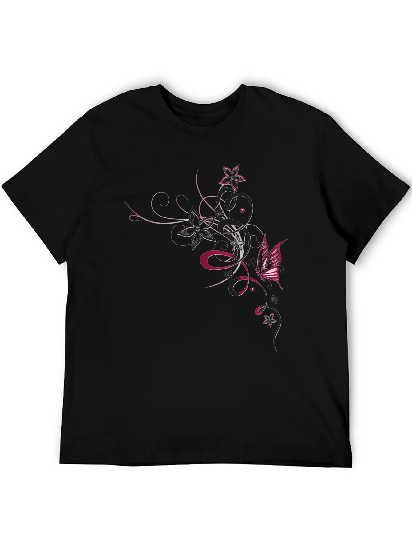 Black T-Shirt with Floral Butterfly Design