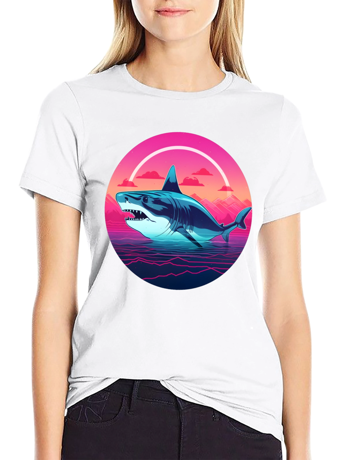 Retro Shark Graphic Tee - Black Cotton Blend