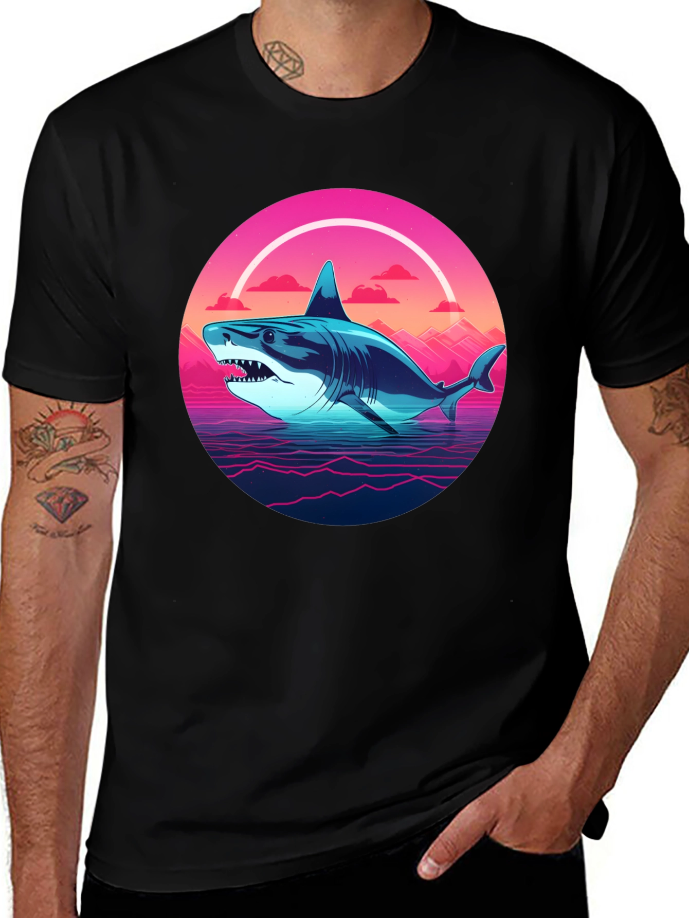 Retro Shark Graphic Tee - Black Cotton Blend