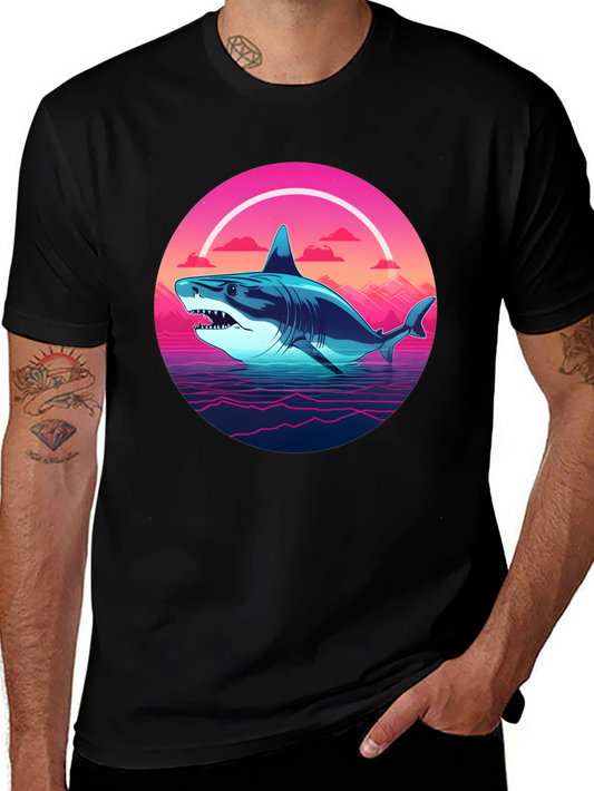 Retro Shark Graphic Tee - Black Cotton Blend