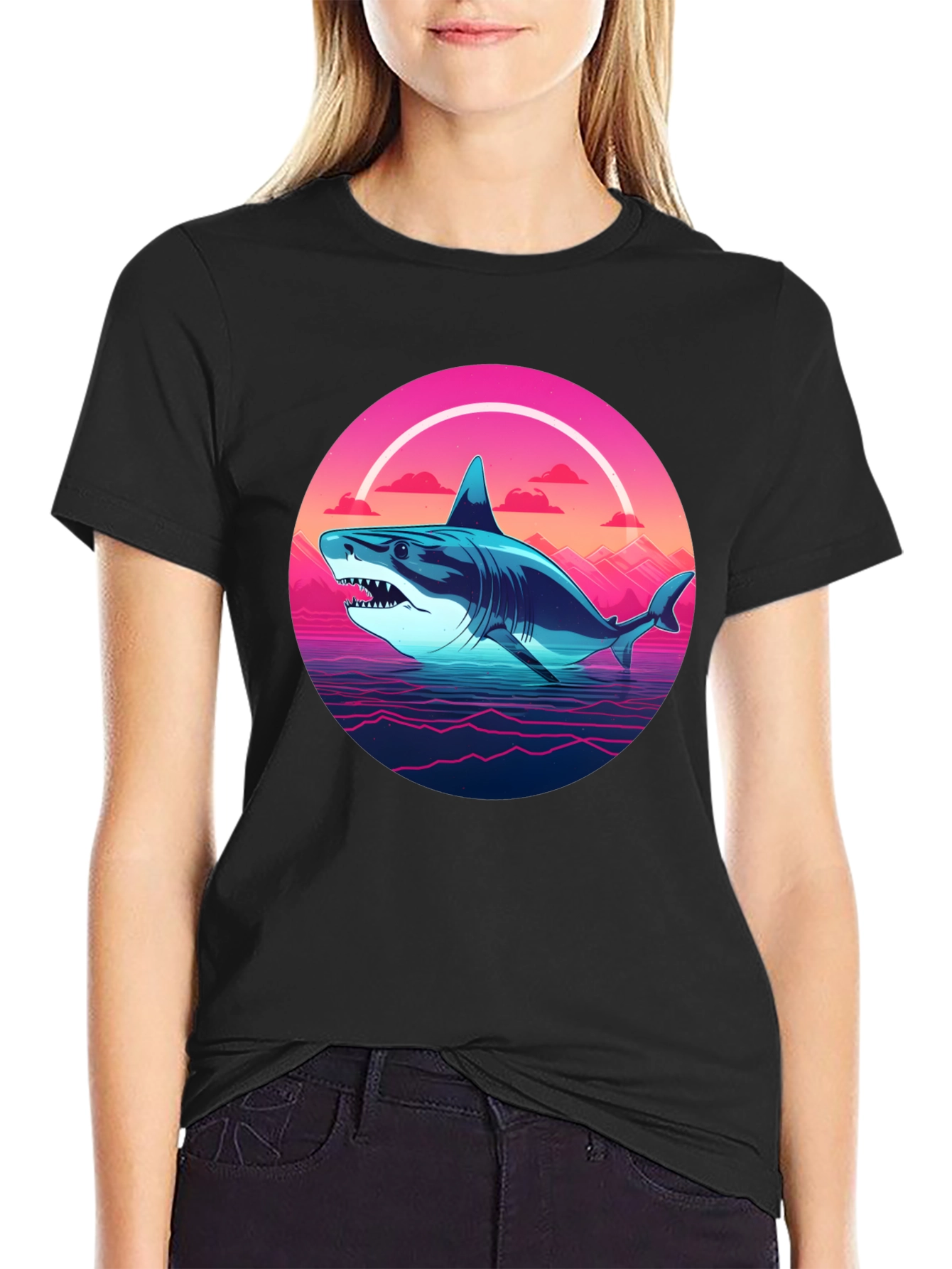 Retro Shark Graphic Tee - Black Cotton Blend
