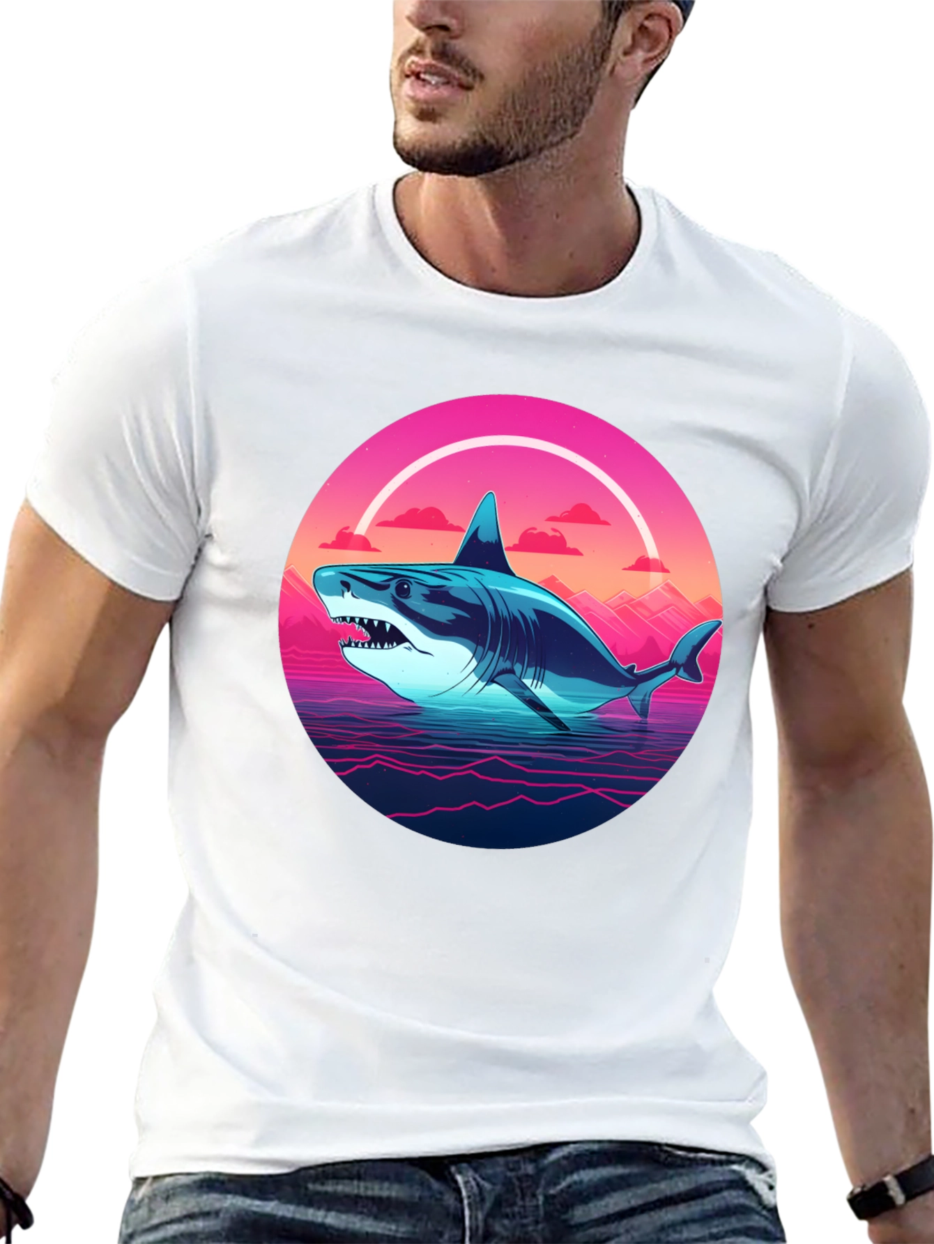 Retro Shark Graphic Tee - Black Cotton Blend