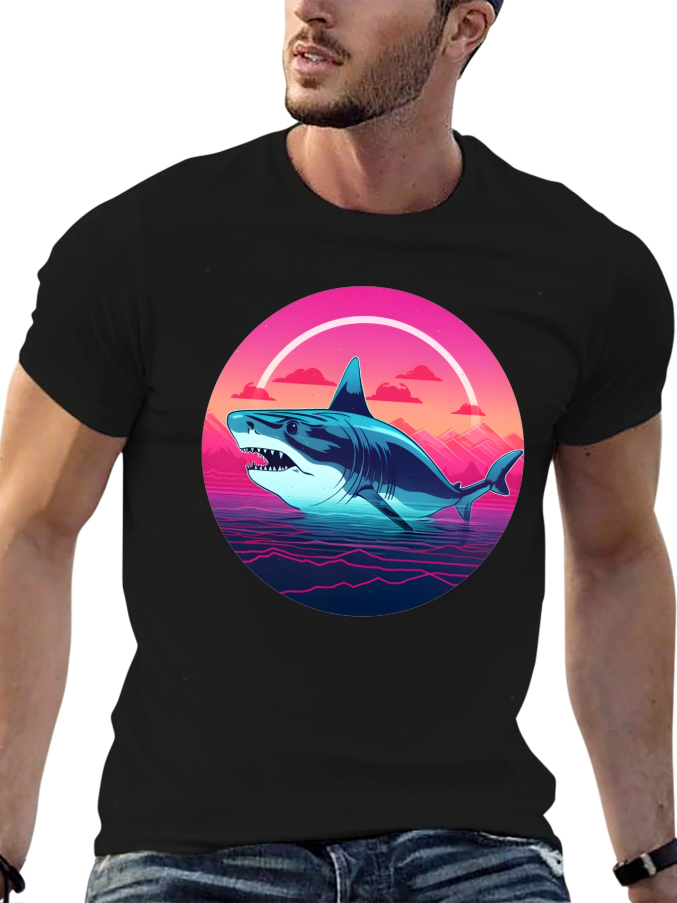 Retro Shark Graphic Tee - Black Cotton Blend
