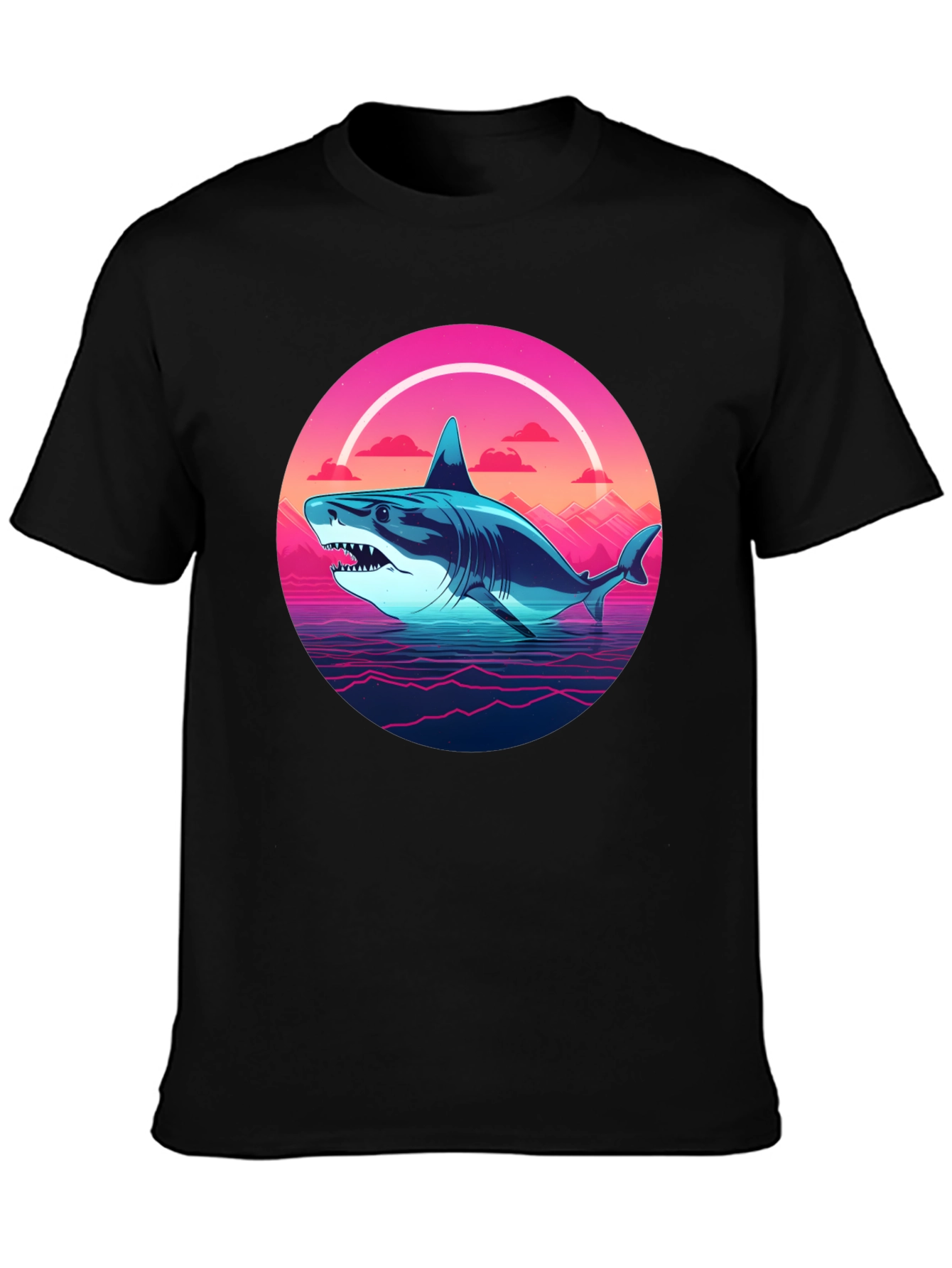 Retro Shark Graphic Tee - Black Cotton Blend