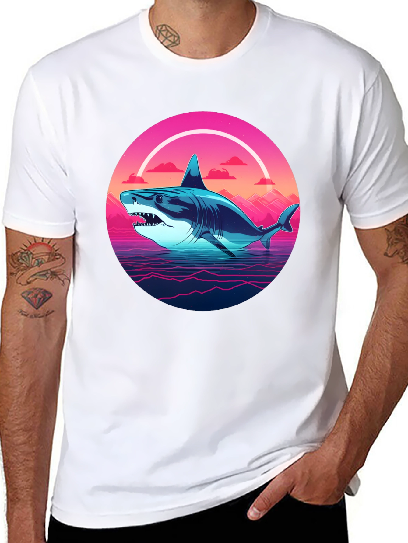 Retro Shark Graphic Tee - Black Cotton Blend