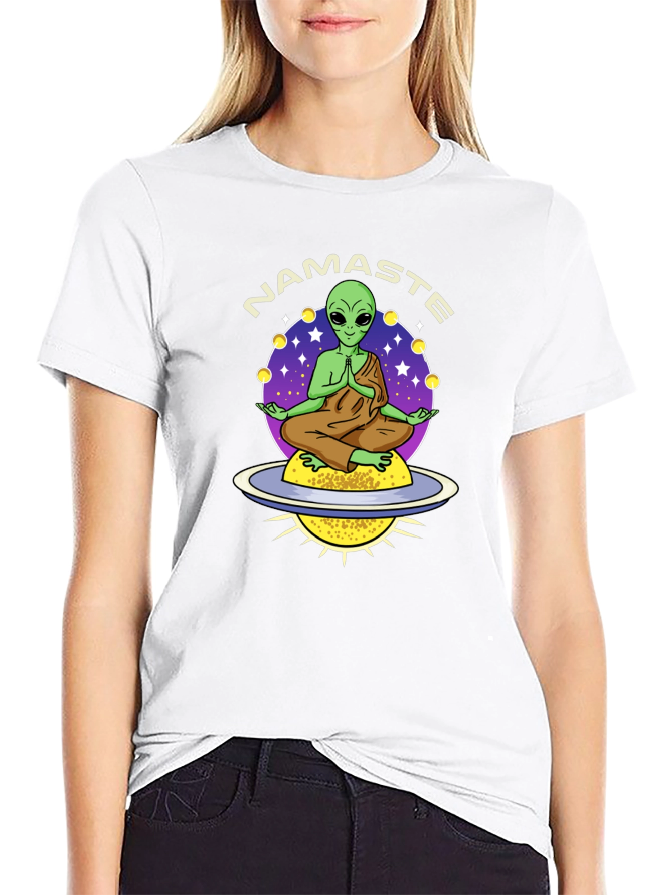 Namaste Alien T-Shirt - Meditating UFO Design