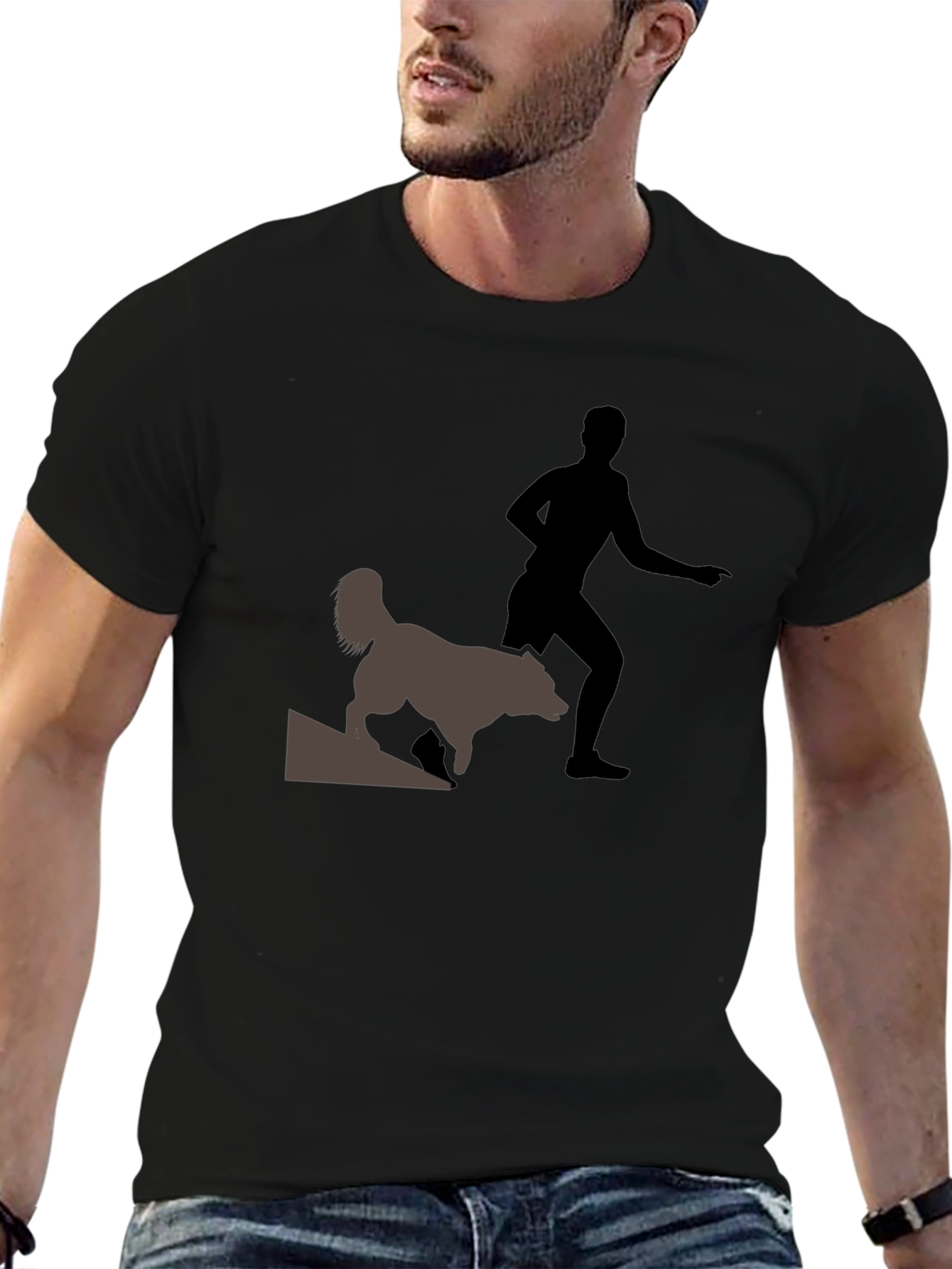 Black T-Shirt with Man and Dog Graphic