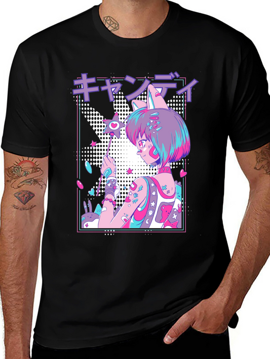 Anime Girl Graphic T-Shirt - Black Cotton Blend Tee