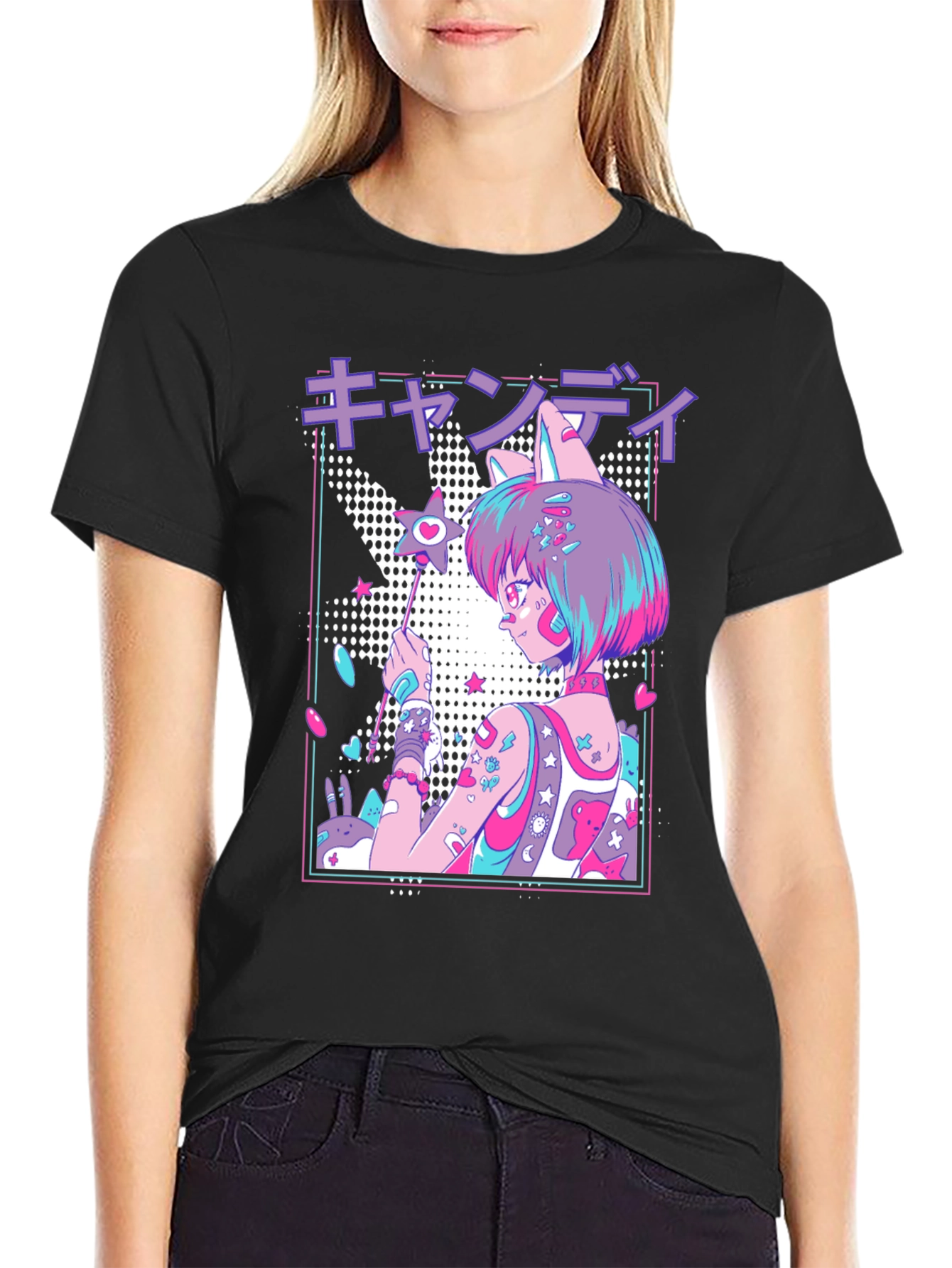 Anime Girl Graphic T-Shirt - Black Cotton Blend Tee