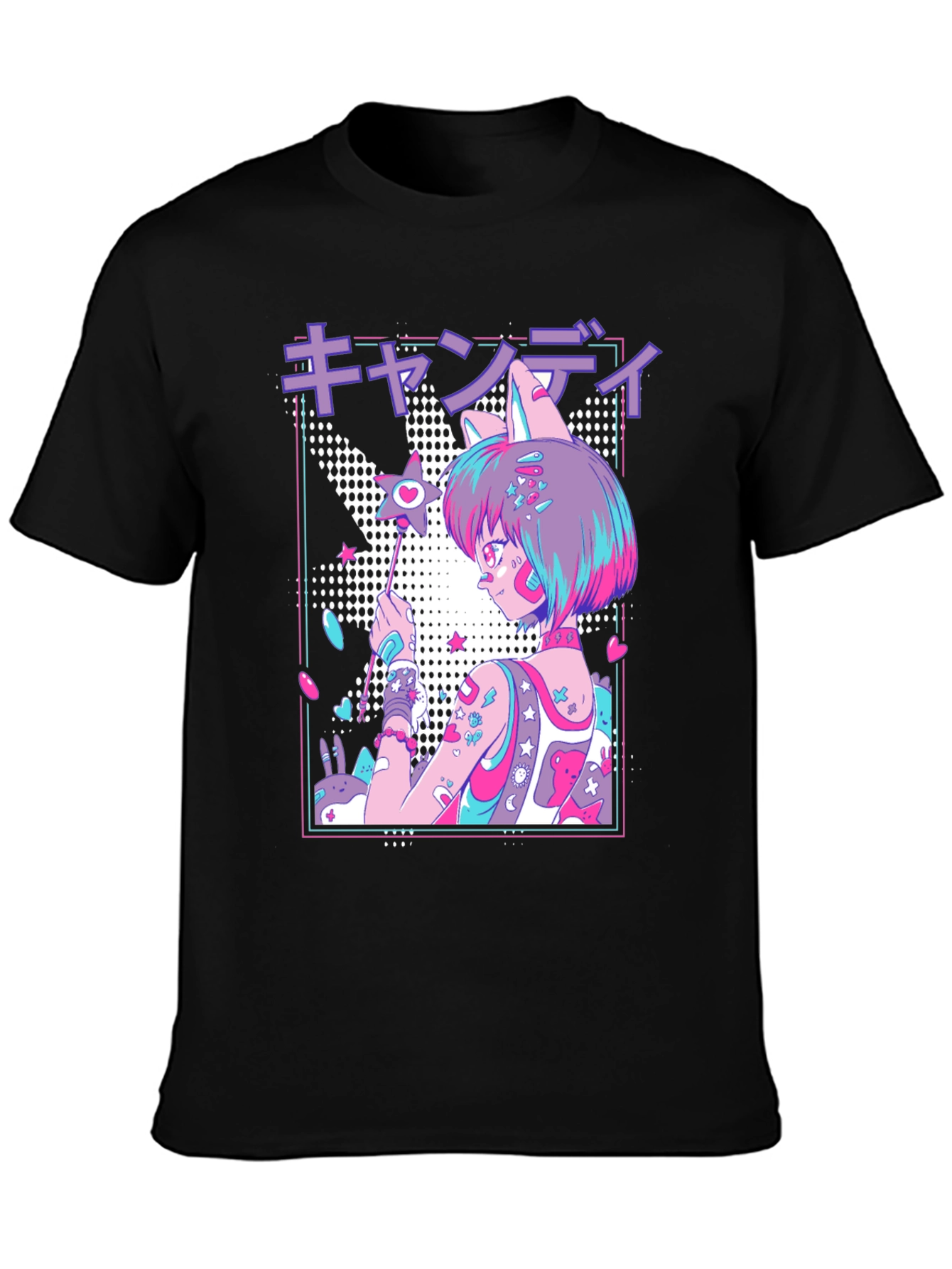 Anime Girl Graphic T-Shirt - Black Cotton Blend Tee