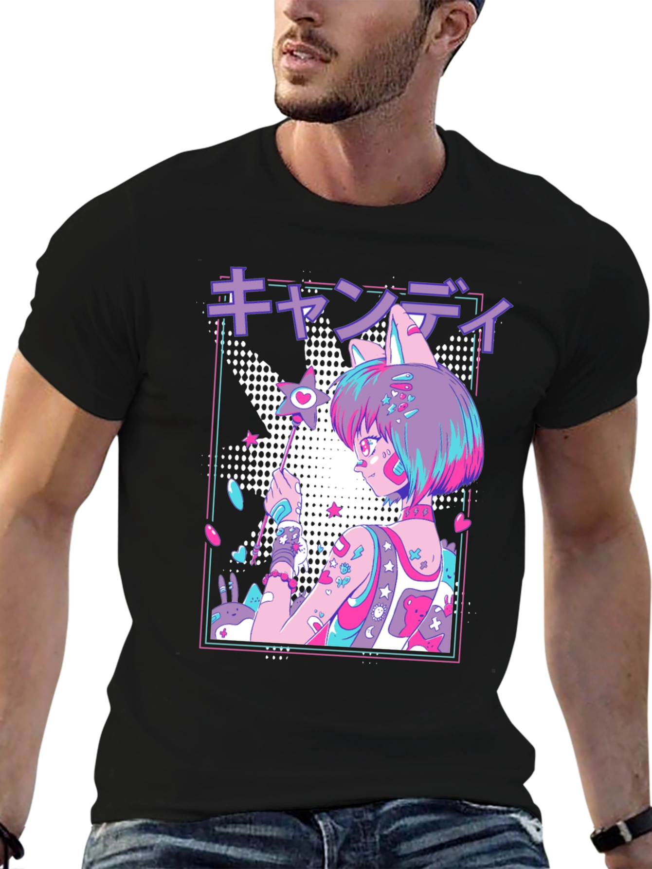 Anime Girl Graphic T-Shirt - Black Cotton Blend Tee