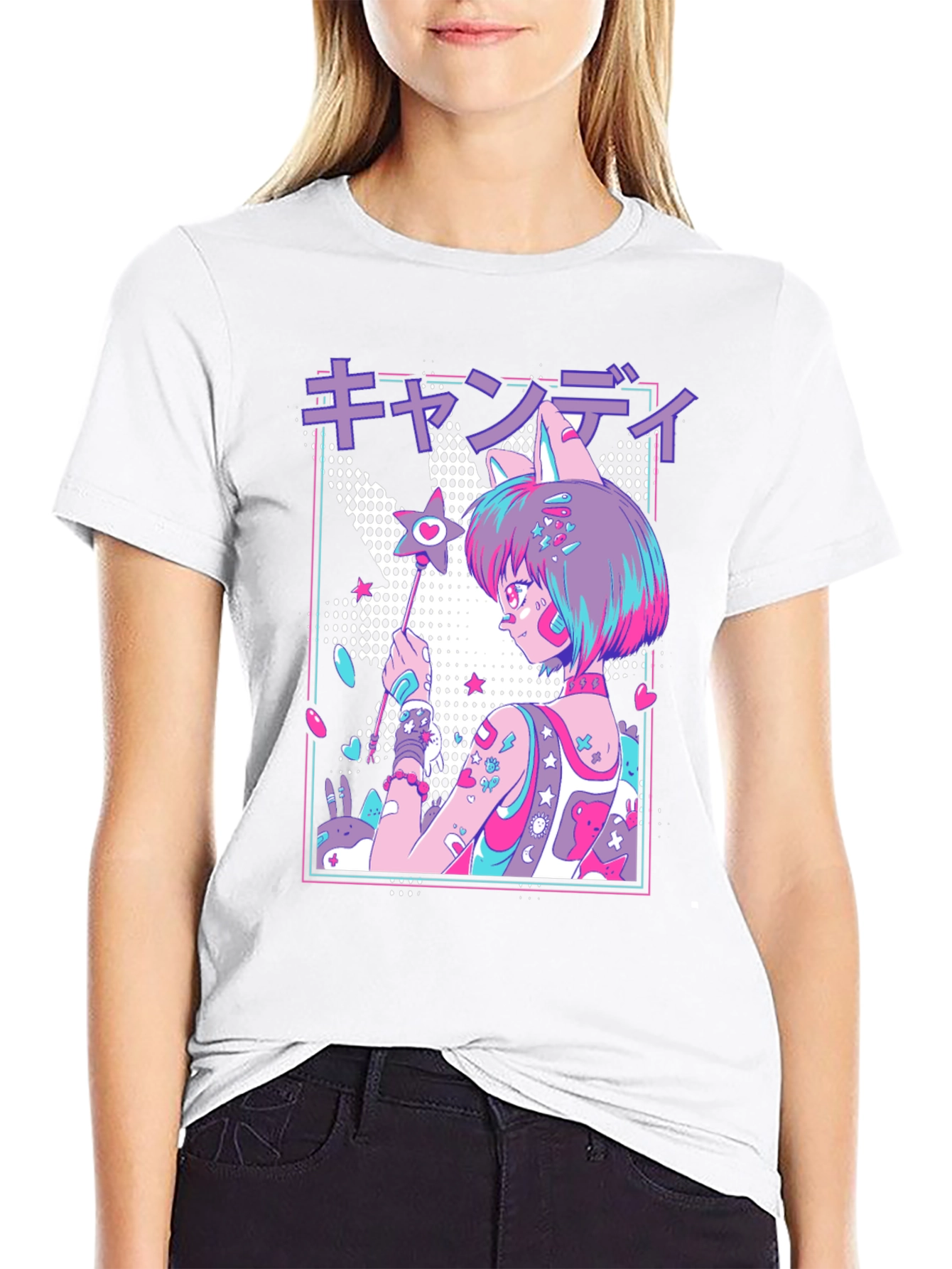Anime Girl Graphic T-Shirt - Black Cotton Blend Tee