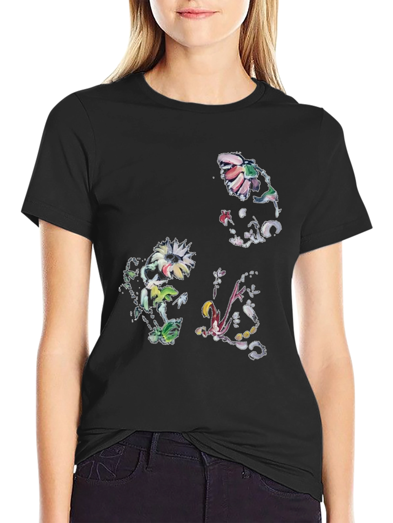 Floral Print Graphic Tee - Black