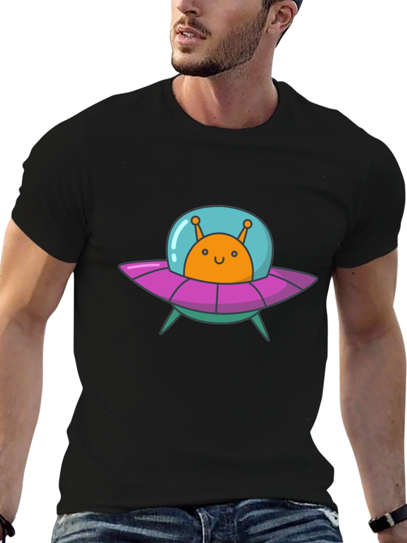 Alien UFO Graphic Tee - Black Cotton T-Shirt