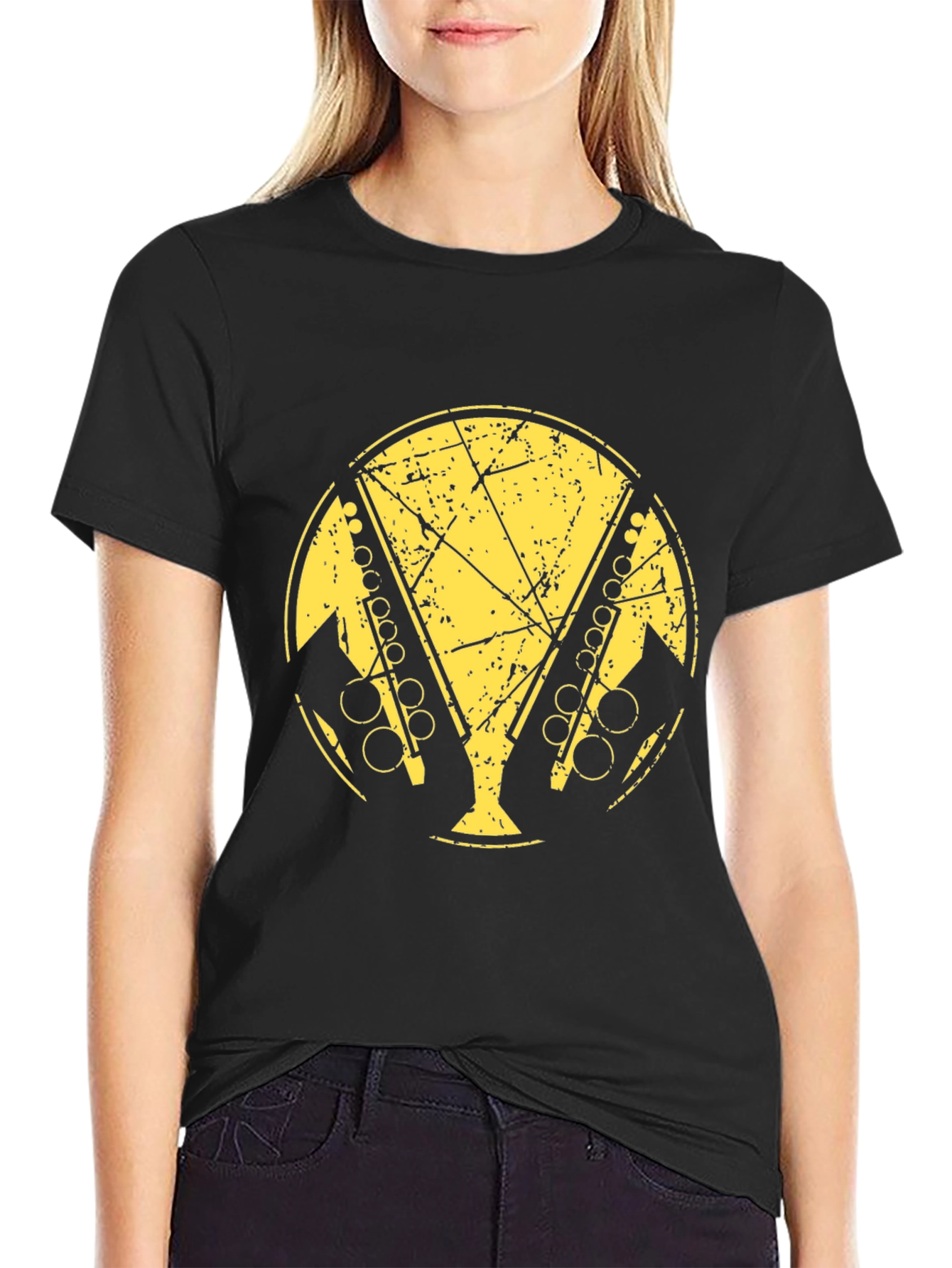 Black T-Shirt with Distressed Saxophone Graphic