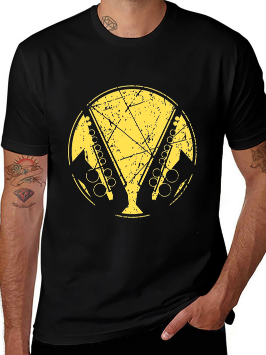 Black T-Shirt with Distressed Saxophone Graphic