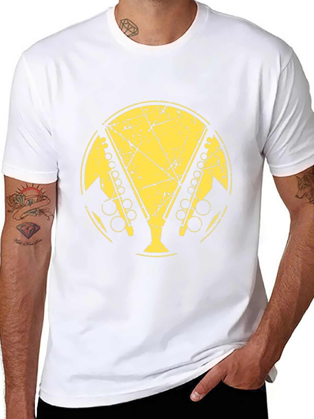Black T-Shirt with Distressed Saxophone Graphic