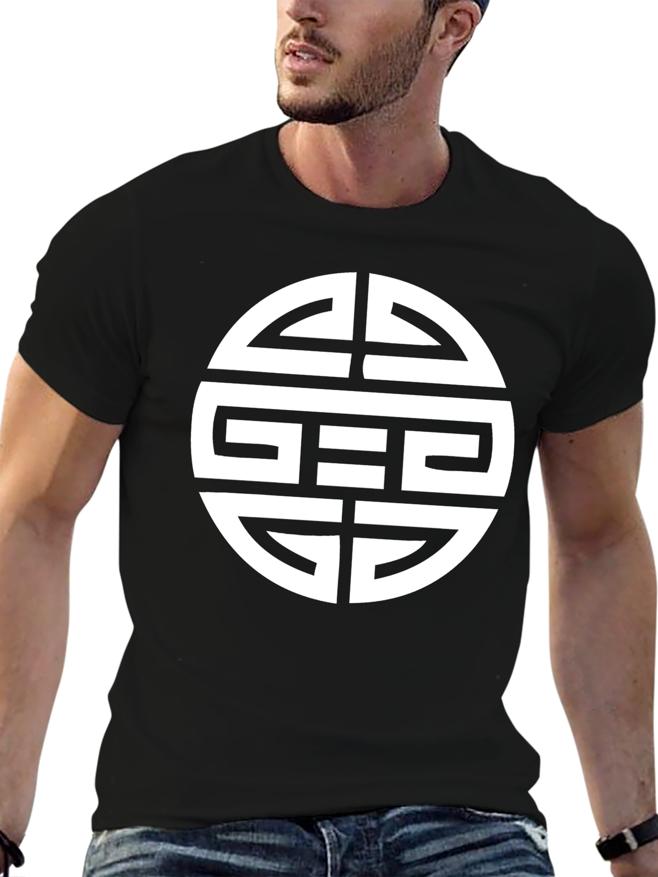 Black T-Shirt with White Geometric Circle Design