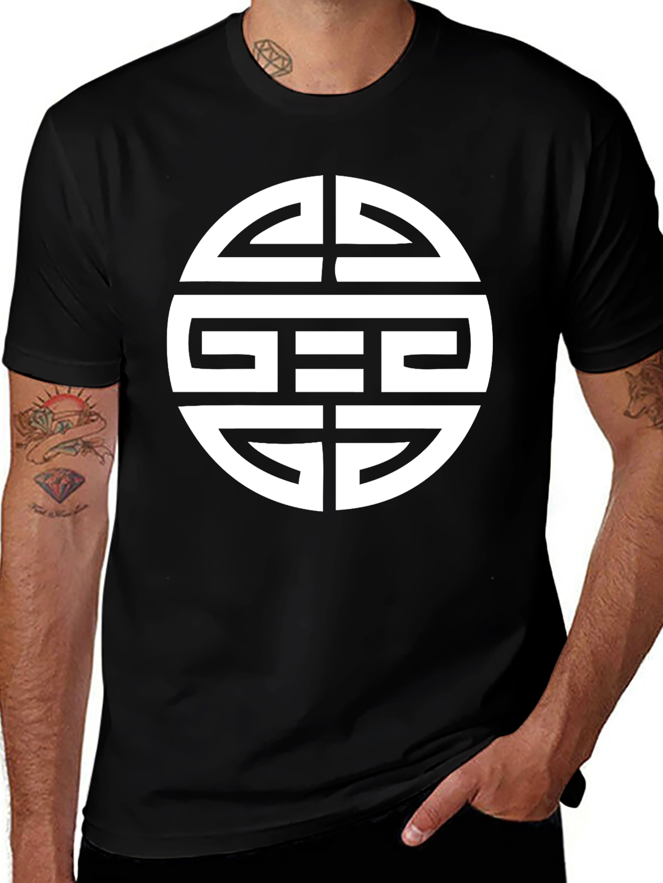 Black T-Shirt with White Geometric Circle Design