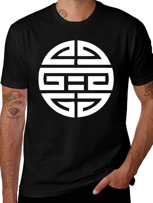 Black T-Shirt with White Geometric Circle Design