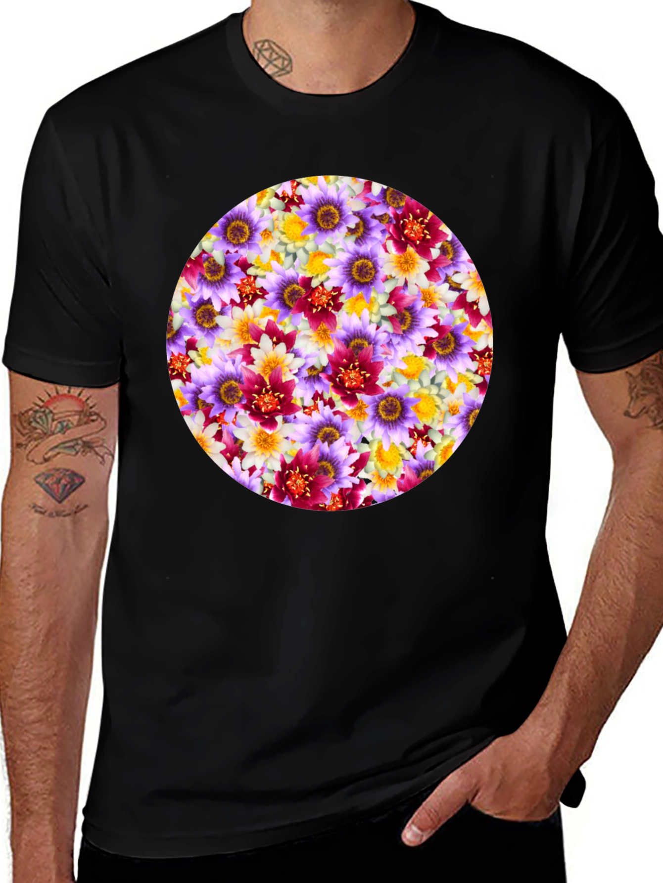 Floral Pattern Graphic Tee - Mens Black T-Shirt