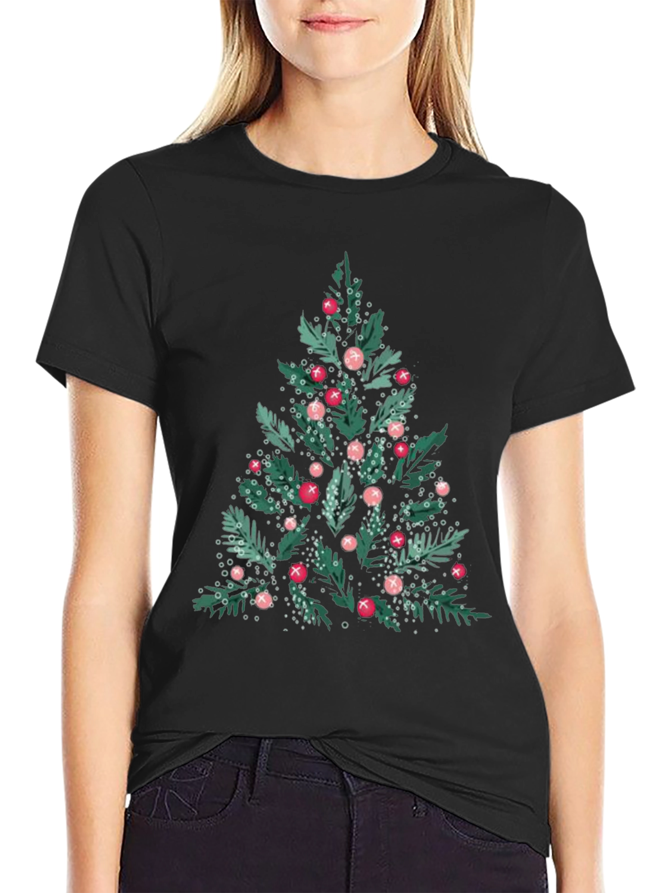 Festive Christmas Tree Graphic Tee - Black