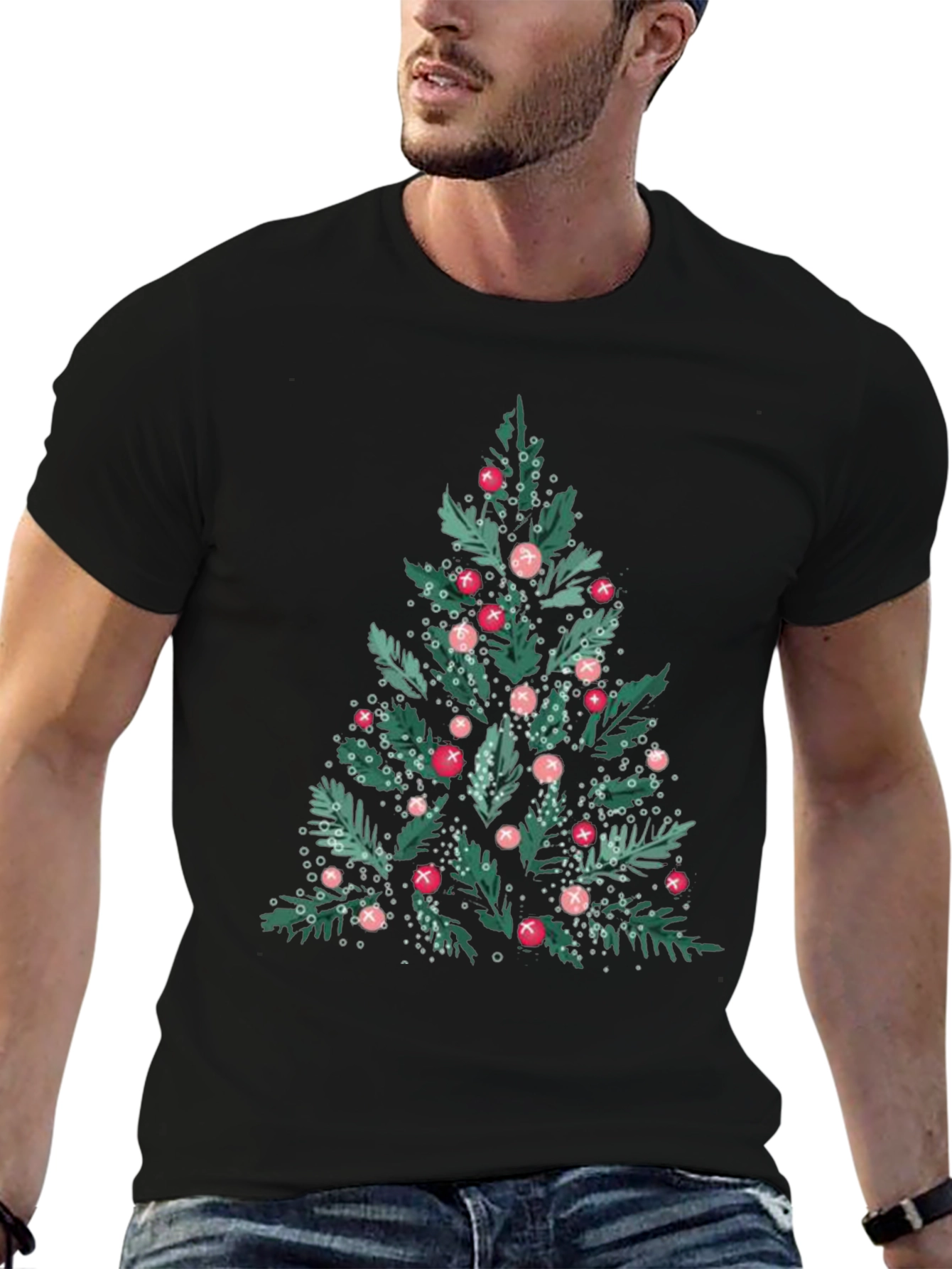 Festive Christmas Tree Graphic Tee - Black