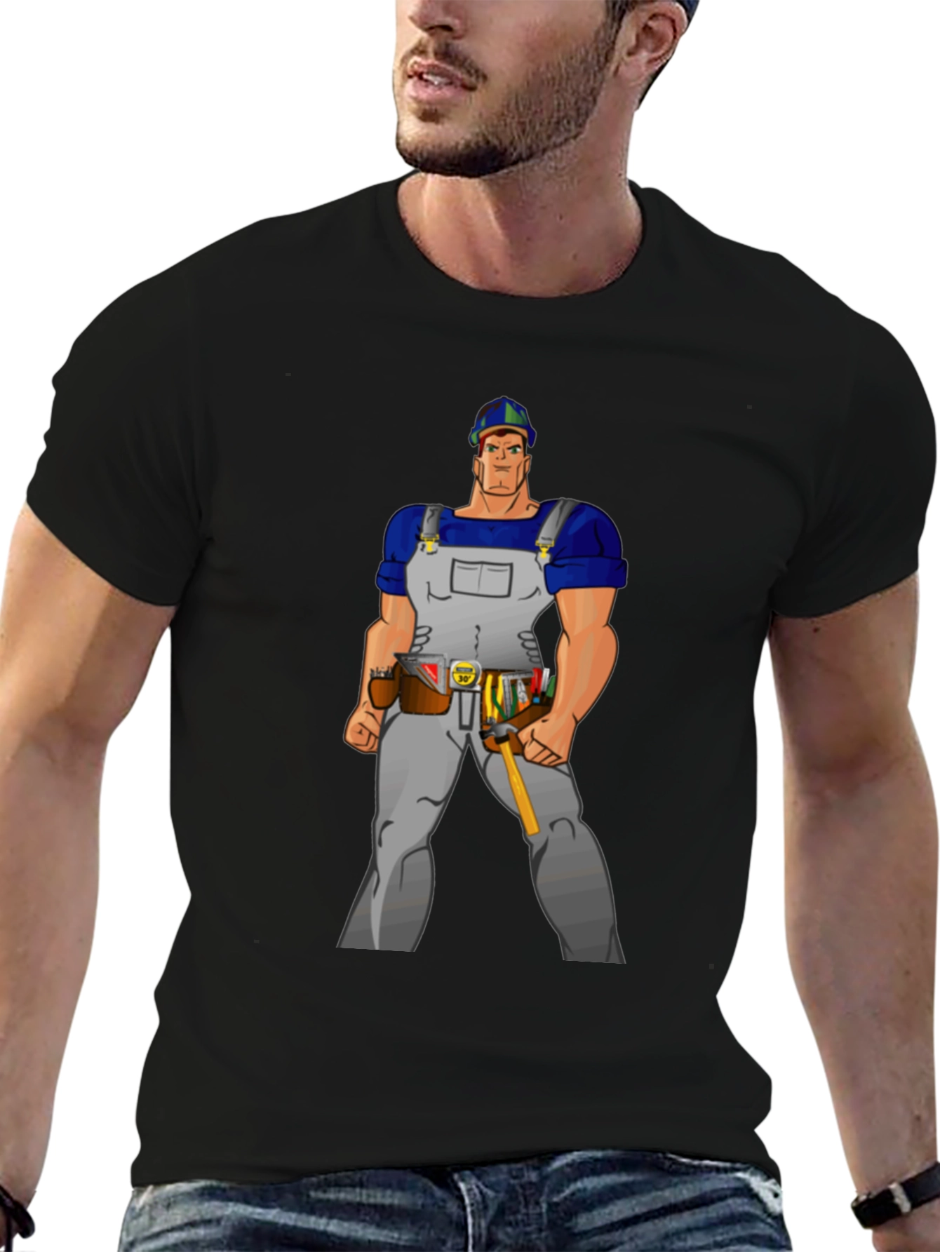 Cartoon Builder Graphic Tee - Black Casual T-Shirt