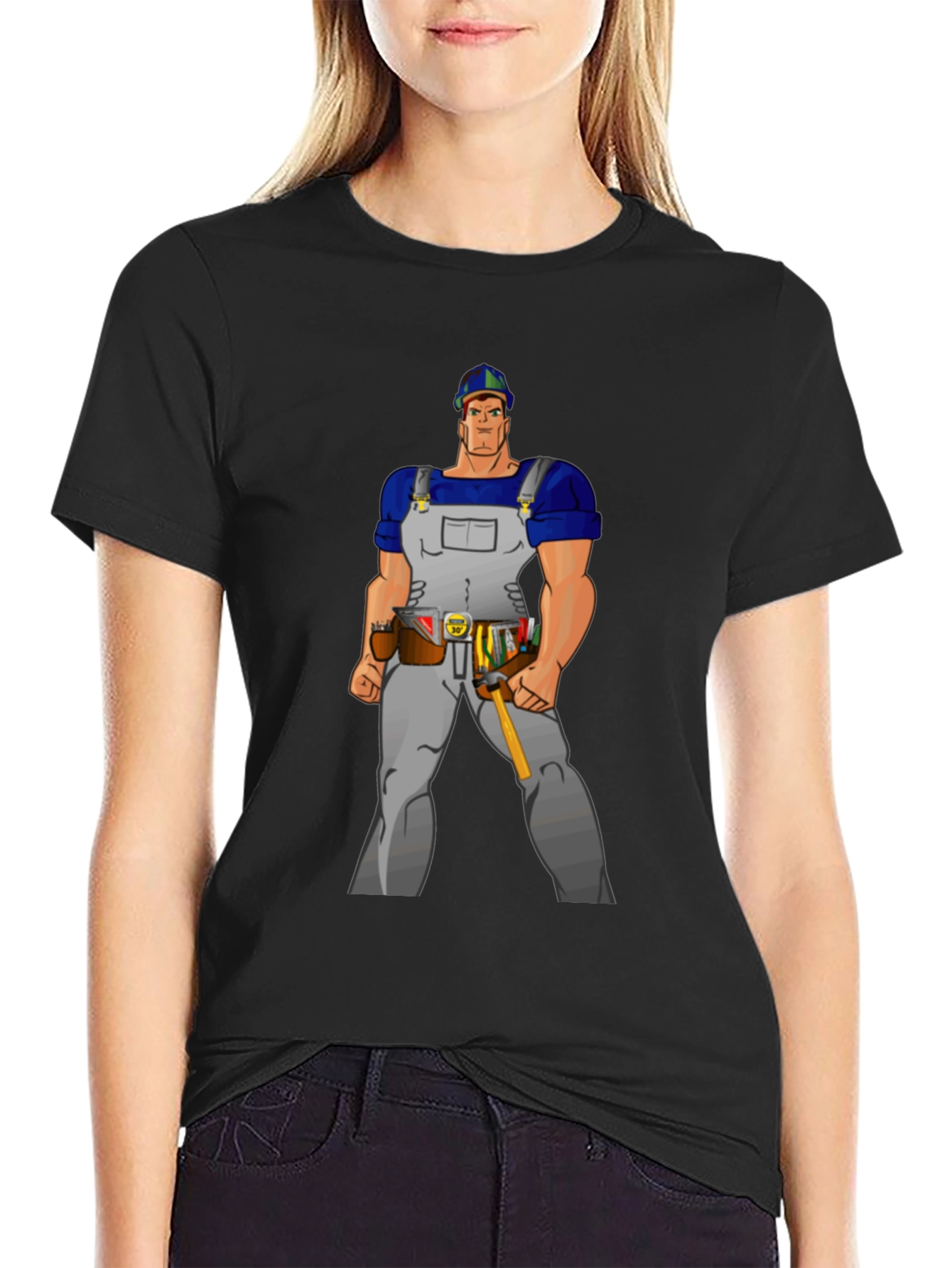 Cartoon Builder Graphic Tee - Black Casual T-Shirt