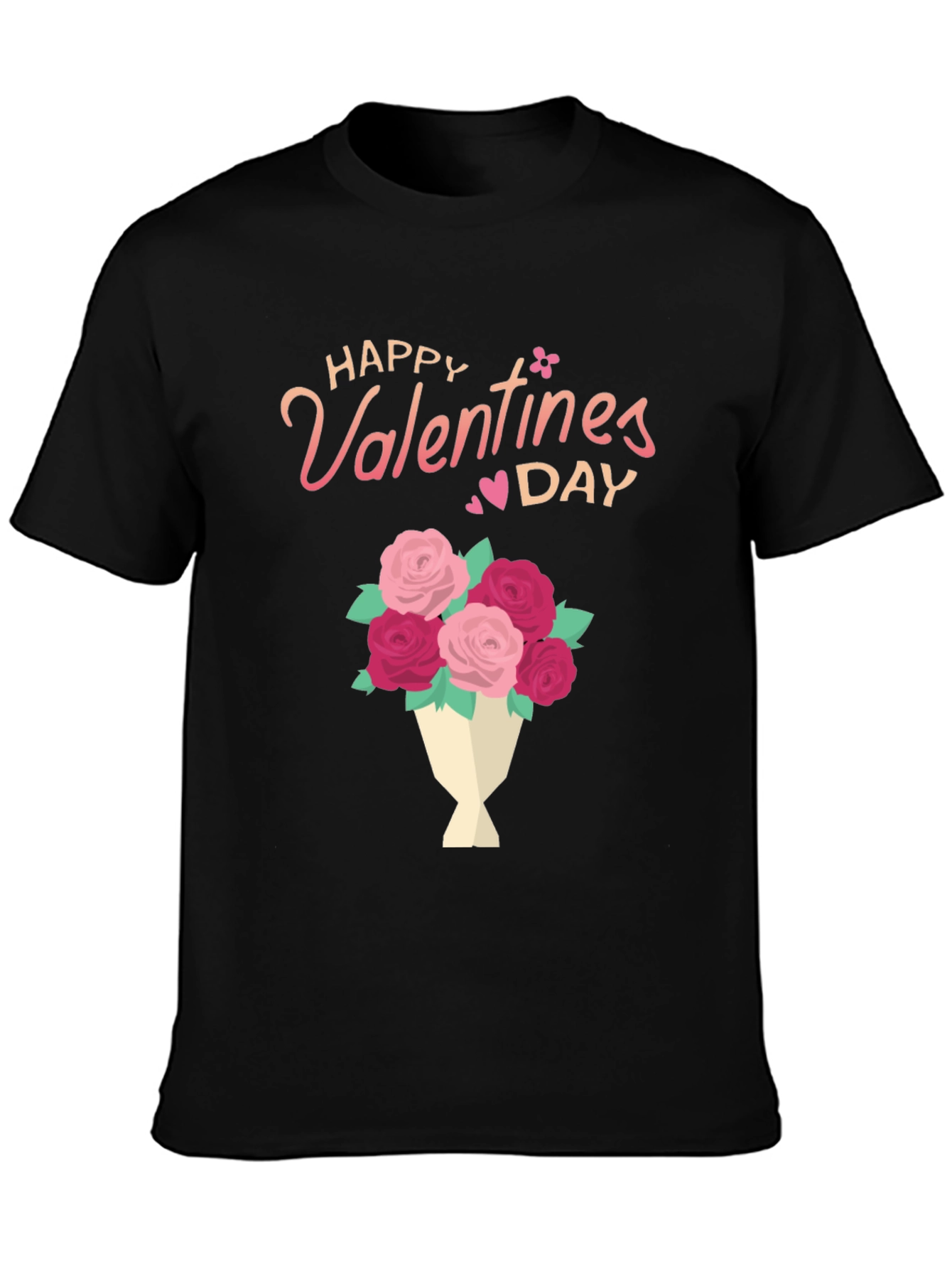 Happy Valentines Day Floral Bouquet Black T-Shirt