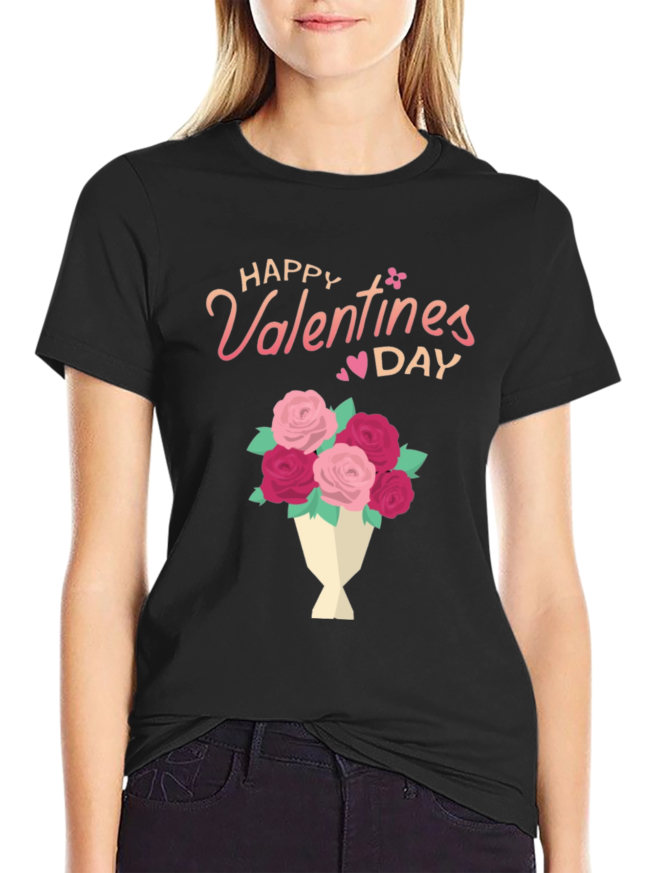 Happy Valentines Day Floral Bouquet Black T-Shirt