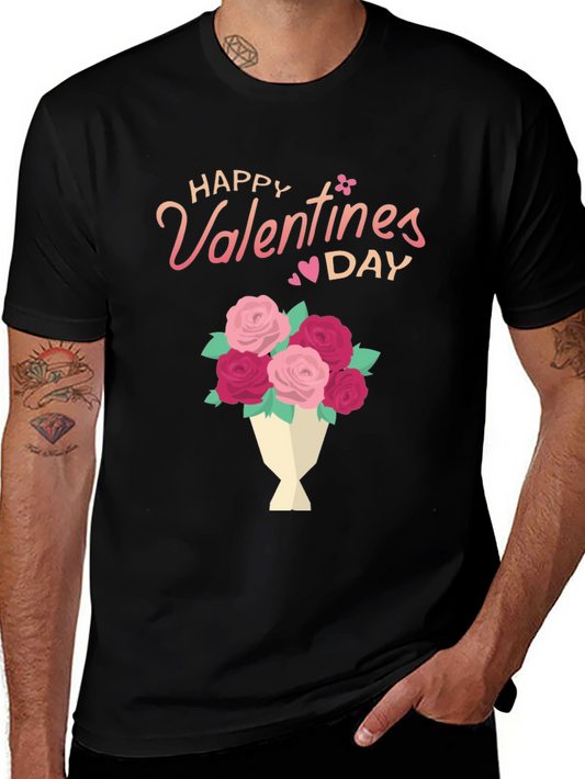 Happy Valentines Day Floral Bouquet Black T-Shirt