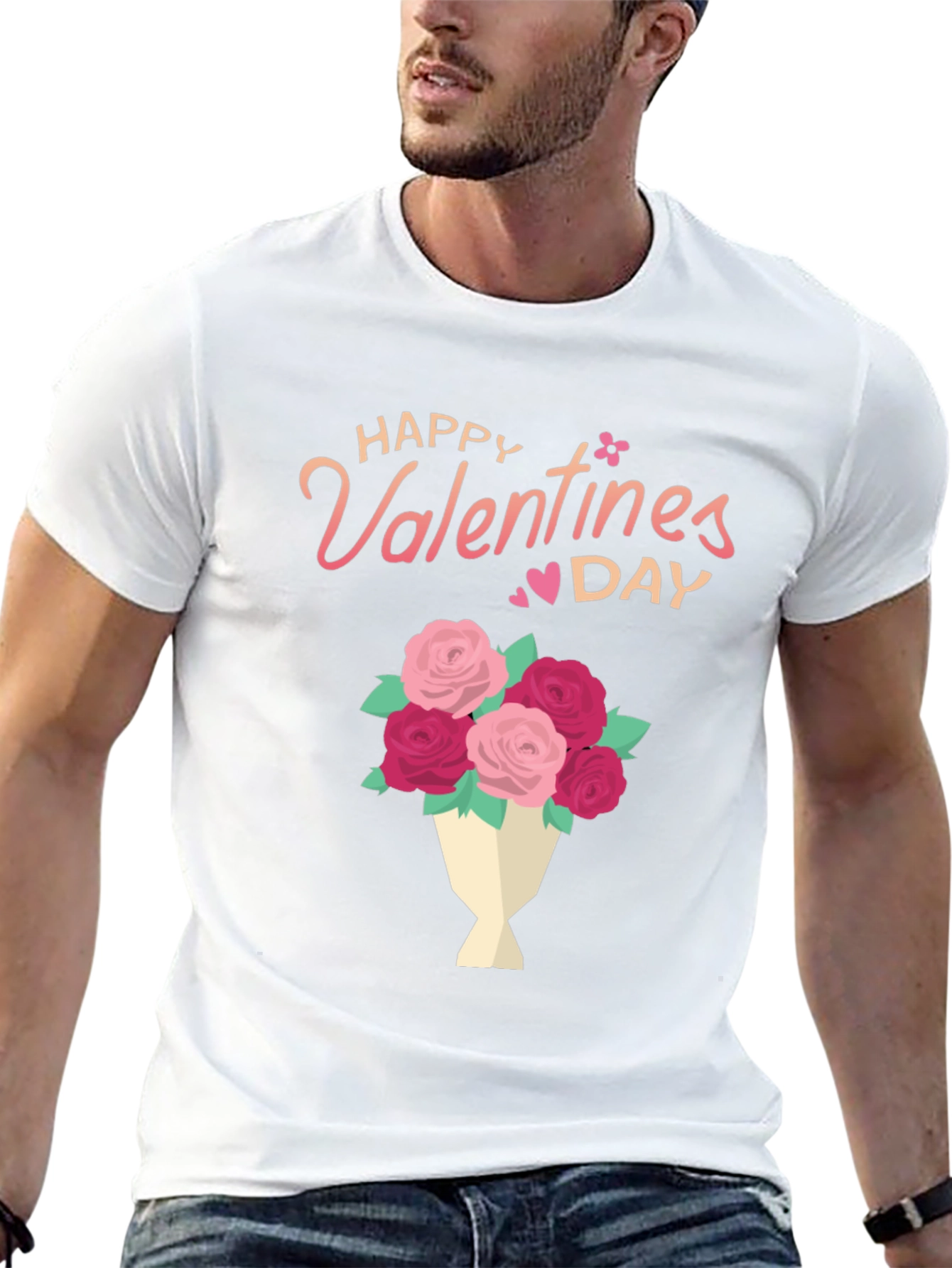 Happy Valentines Day Floral Bouquet Black T-Shirt
