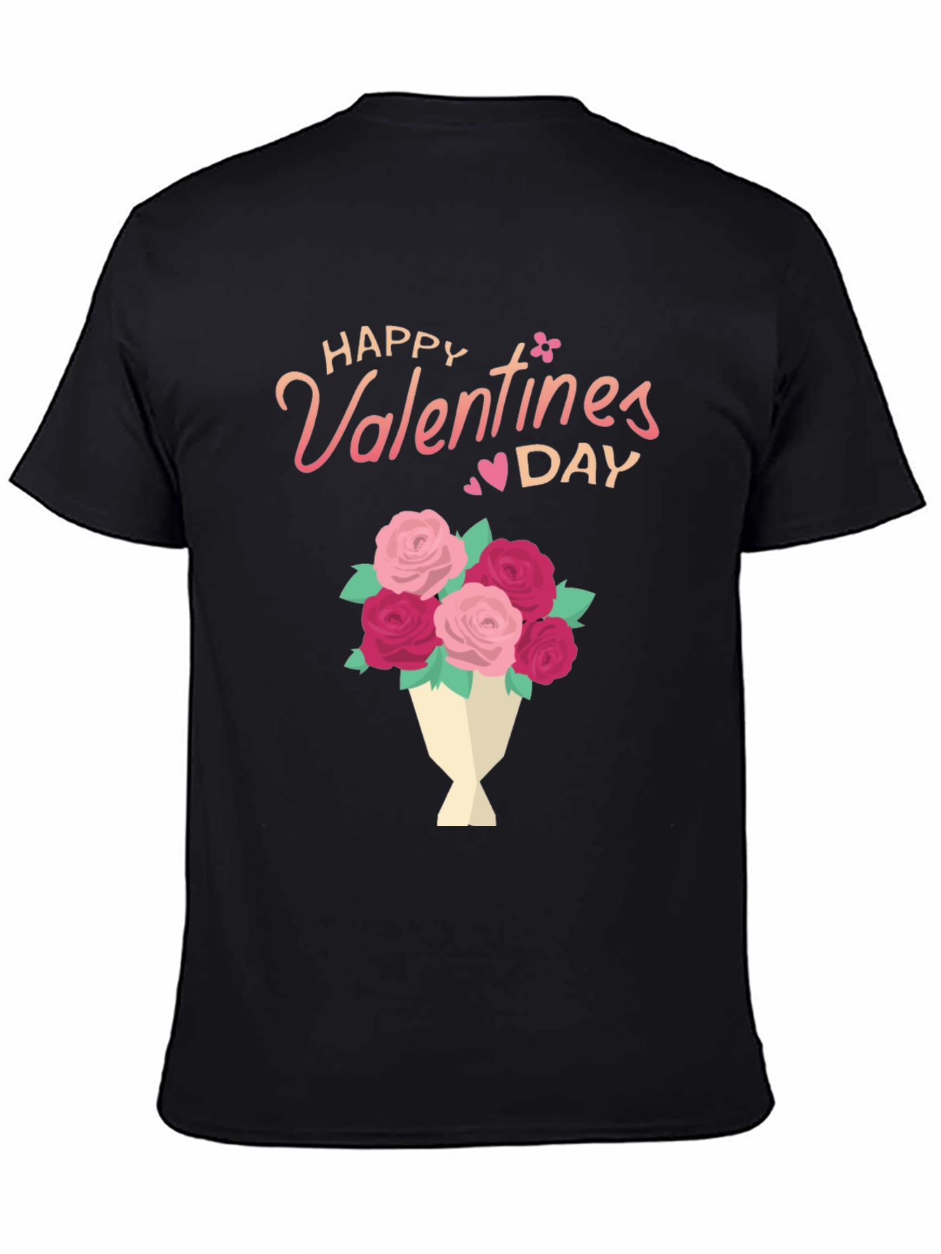 Happy Valentines Day Floral Bouquet Black T-Shirt