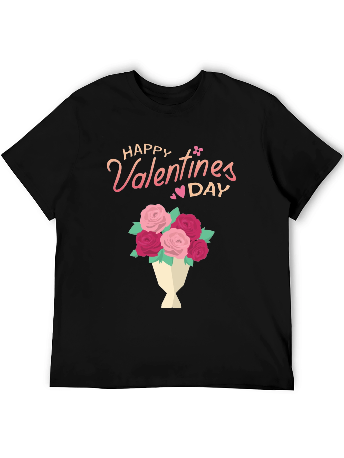 Happy Valentines Day Floral Bouquet Black T-Shirt