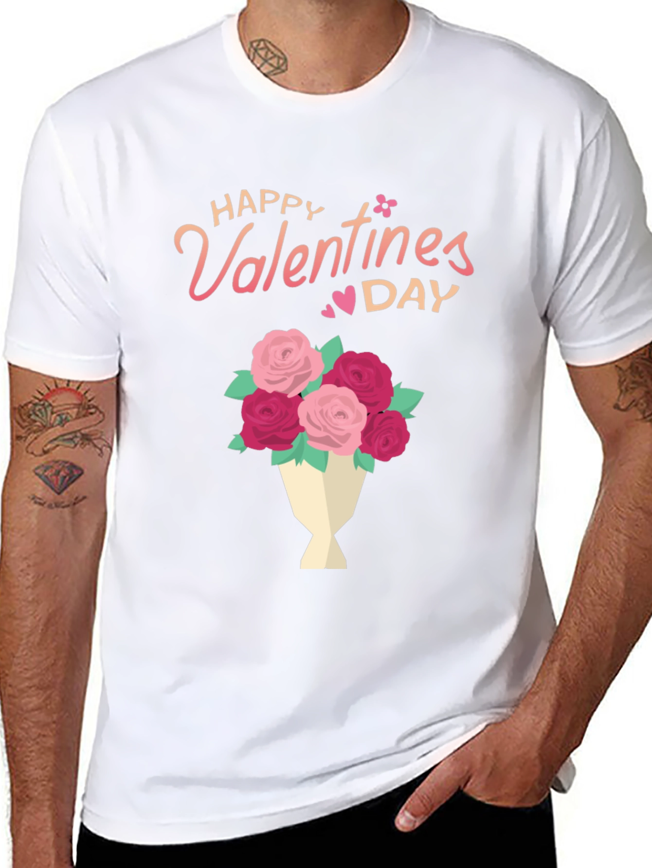 Happy Valentines Day Floral Bouquet Black T-Shirt