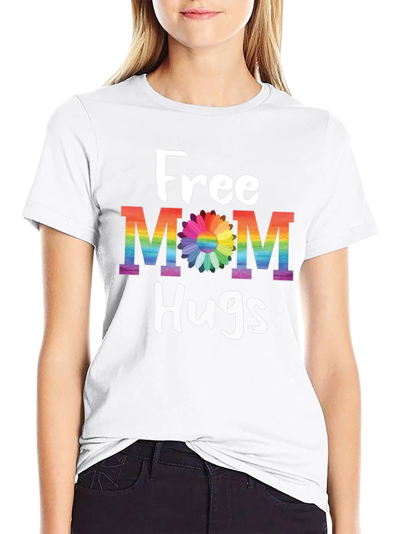 Free Mom Hugs T-Shirt - Rainbow Pride Flower Design