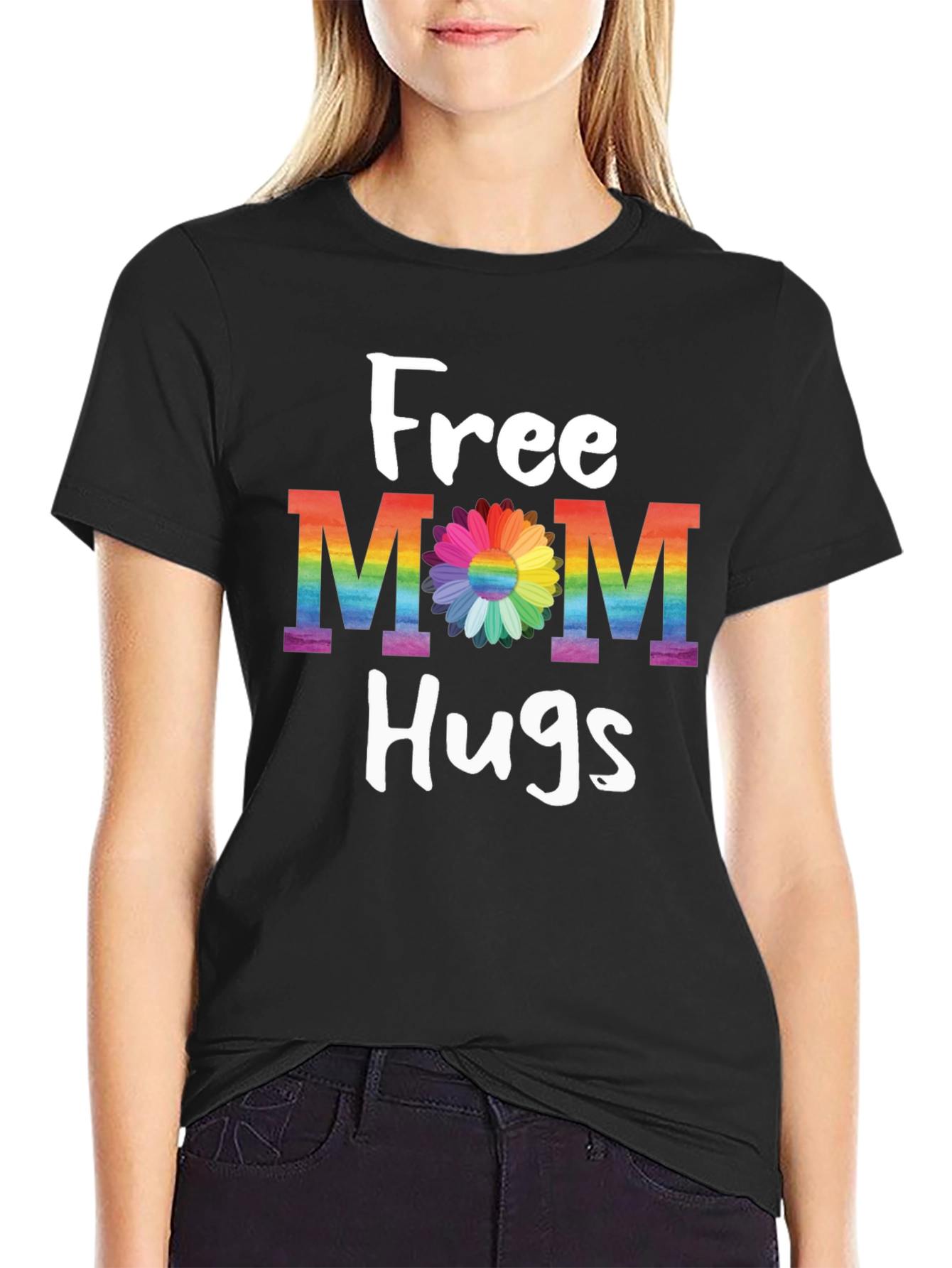 Free Mom Hugs T-Shirt - Rainbow Pride Flower Design